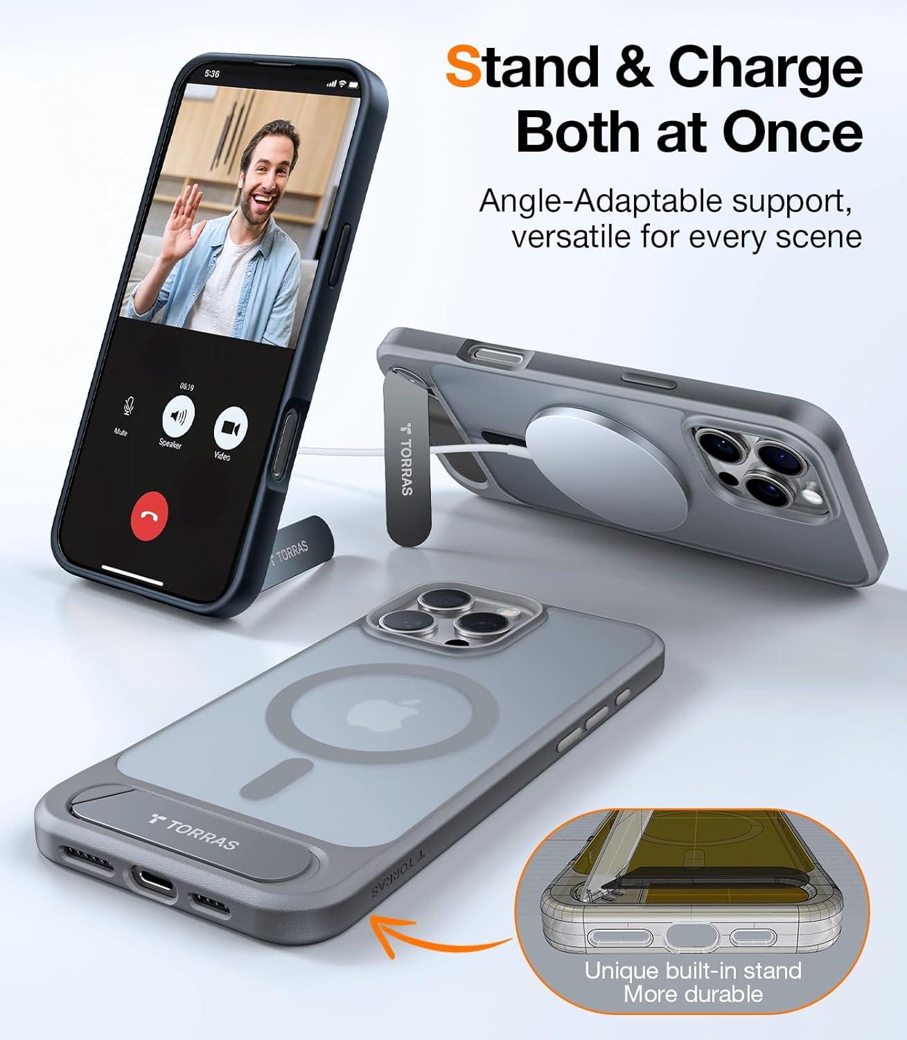 imageTORRAS Strong Magnetic amp Seamless Stand for iPhone 16 Pro Case 18N Mighty Magnetic 12FT MilGrade Drop Tested Fit for MagSafe Kickstand Protective Slim Phone Case for iPhone 16 Pro 63 BlackGray