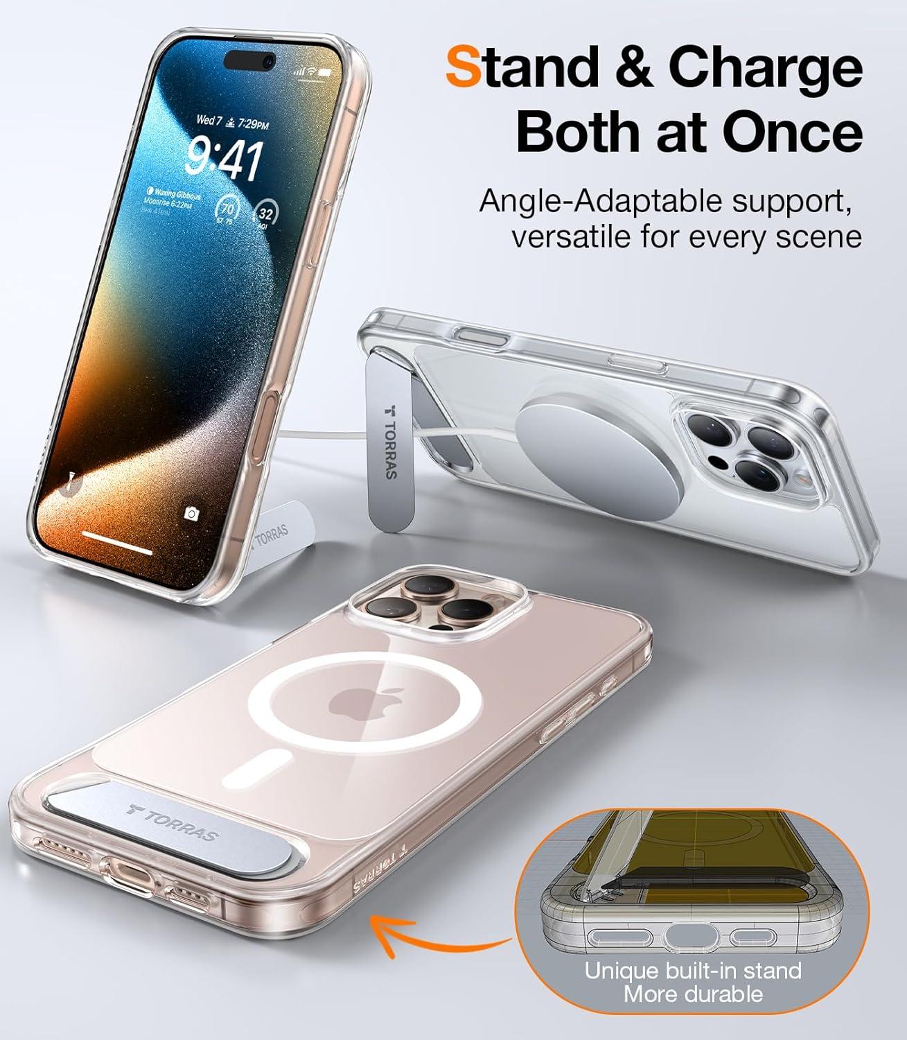 imageTORRAS Strong Magnetic amp Seamless Stand for iPhone 16 Pro Case 18N Mighty Magnetic 12FT MilGrade Drop Tested Fit for MagSafe Kickstand Protective Slim Phone Case for iPhone 16 Pro 63 BlackClear