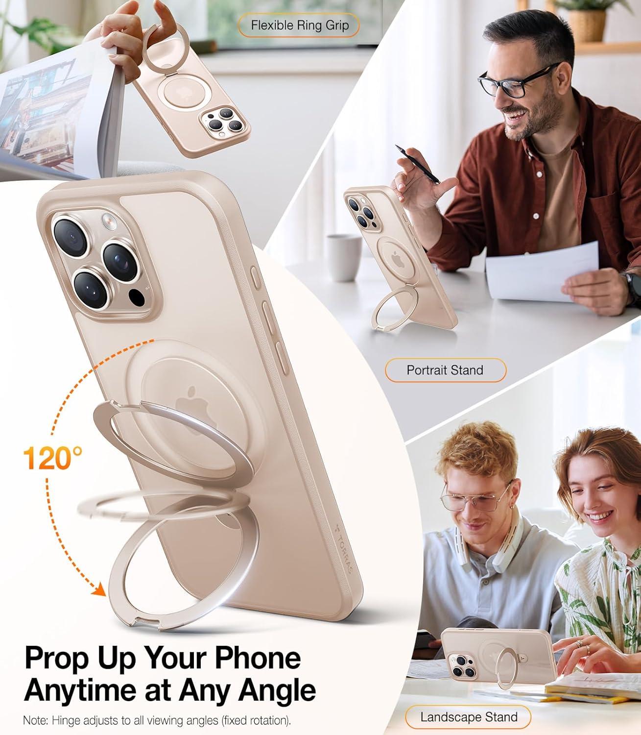 imageTORRAS UltraMagnetic Ostand for iPhone 16 Pro Case Compatible with MagSafe Flexible Stable Stand MilitaryGrade Protection Translucent Slim AntiScratch Ring Kickstand Frosted Black 63Desert Titanium