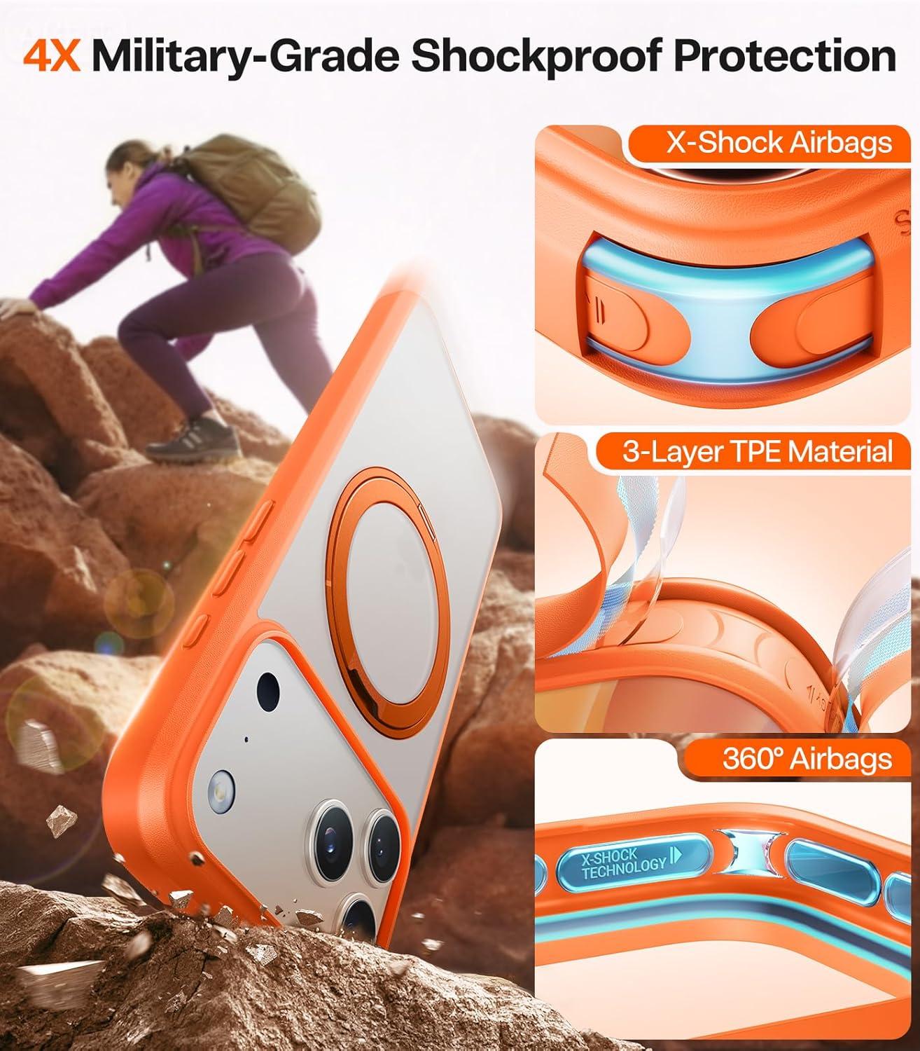 imageTORRAS Upgrade 360Rotatable Magnetic for iPhone 16 Pro Case 63 inch Fit for MagSafe 16 Pro Phone Case 16FT MilGrade Shockproof Flush Stand Ring Holder Translucent Slim Protective Ostand BlackNeon Orange