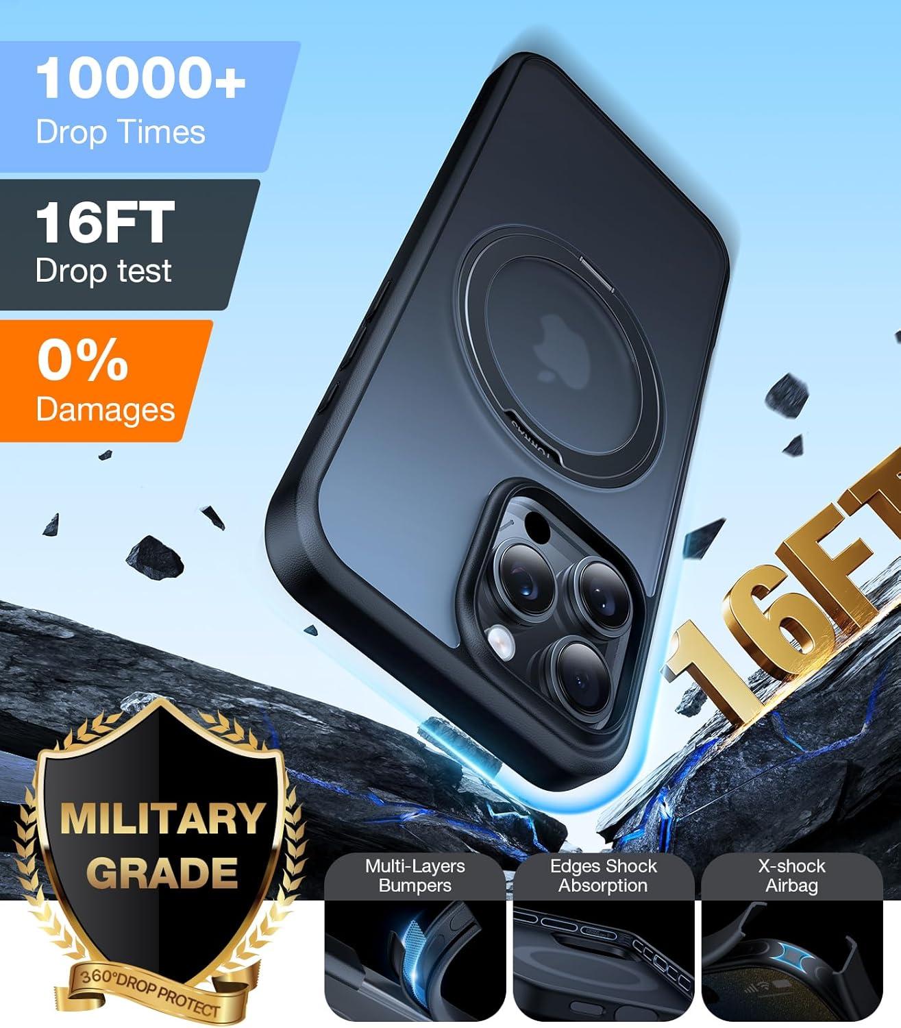 imageTORRAS Upgrade 360Rotatable Magnetic for iPhone 16 Pro Case 63 inch Fit for MagSafe 16 Pro Phone Case 16FT MilGrade Shockproof Flush Stand Ring Holder Translucent Slim Protective Ostand BlackBlack