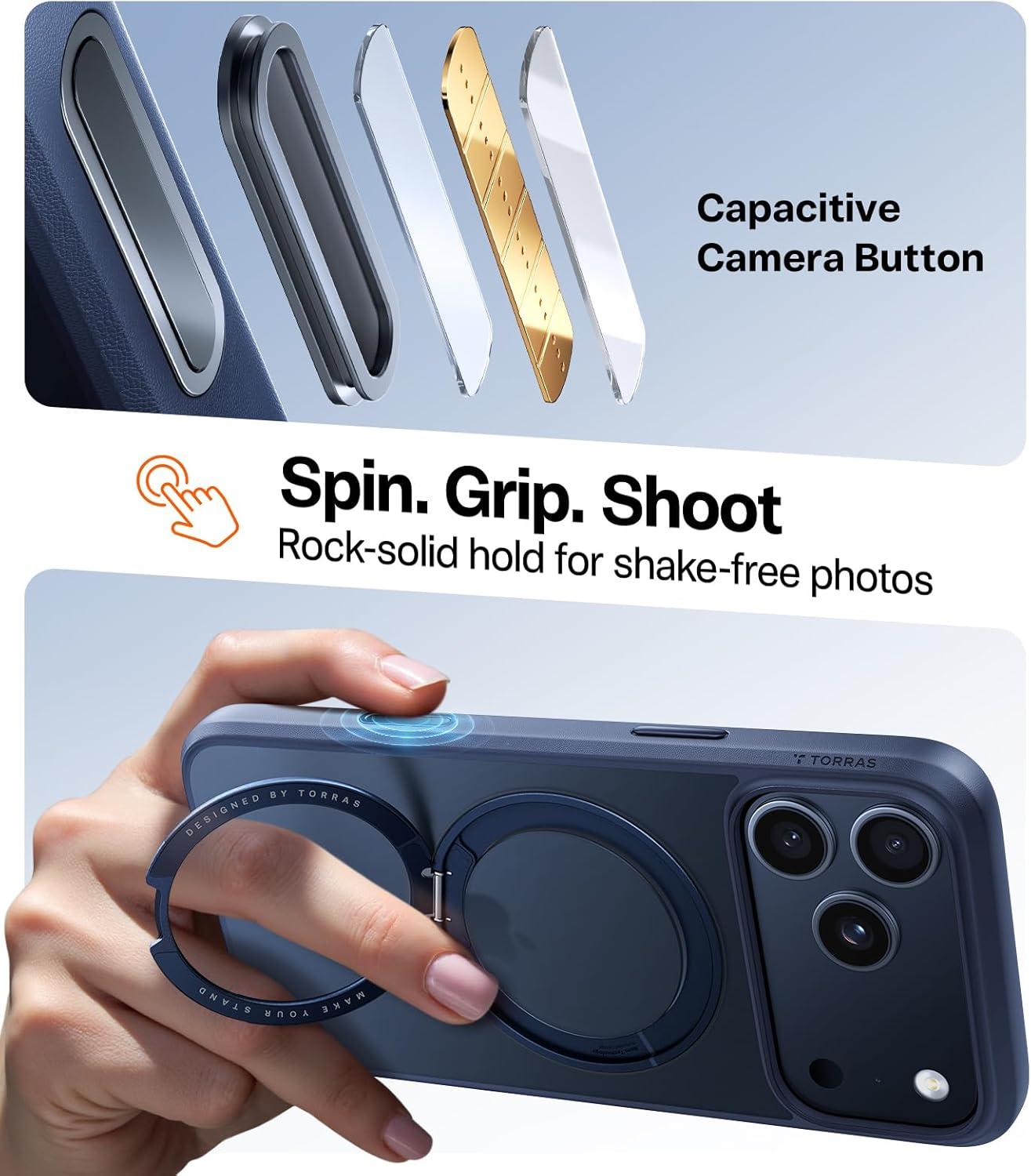 imageTORRAS Upgrade 360Rotatable Magnetic for iPhone 16 Pro Case 63 inch Fit for MagSafe 16 Pro Phone Case 16FT MilGrade Shockproof Flush Stand Ring Holder Translucent Slim Protective Ostand BlackBlue