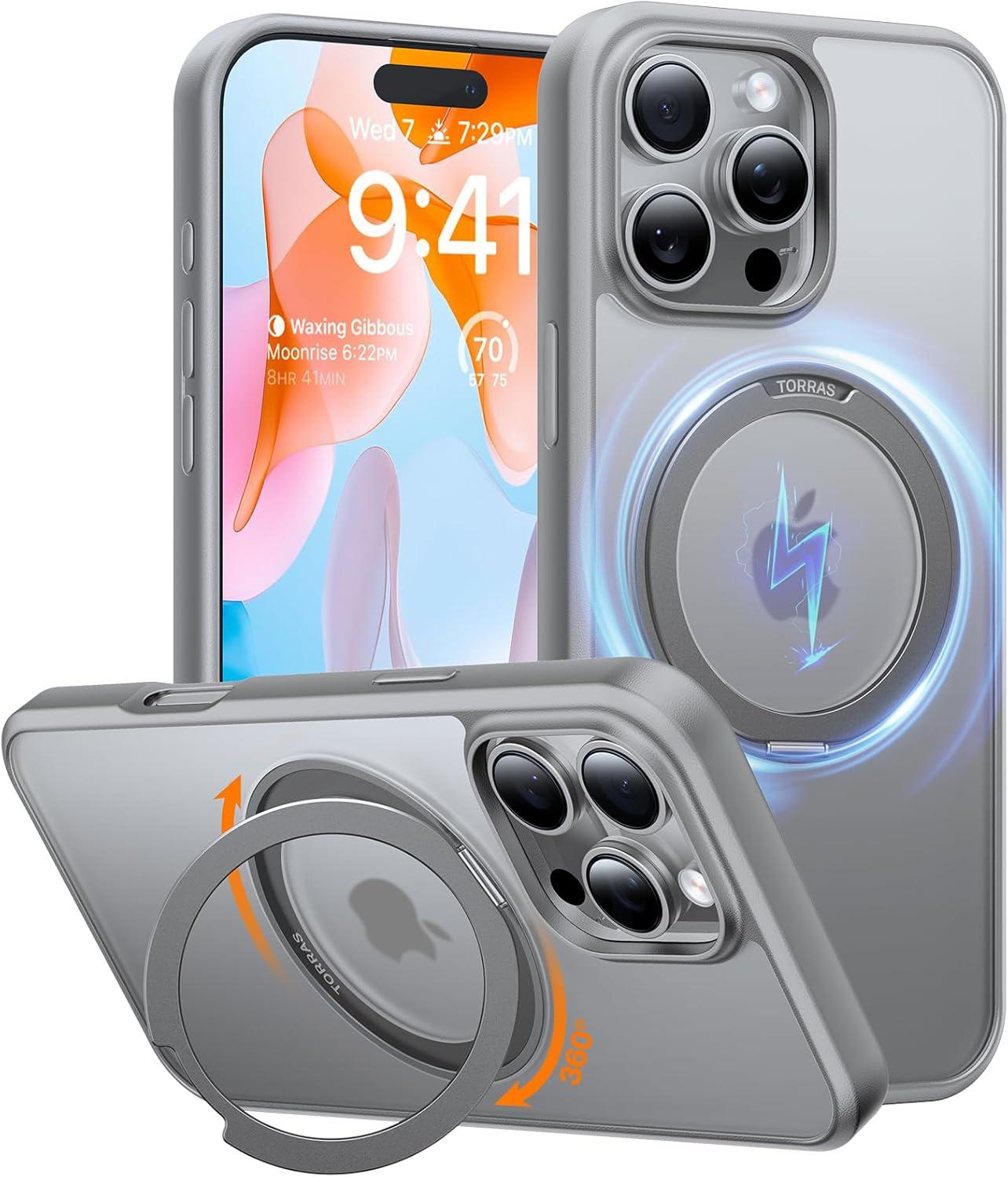 imageTORRAS Upgrade 360Rotatable Magnetic for iPhone 16 Pro Case 63 inch Fit for MagSafe 16 Pro Phone Case 16FT MilGrade Shockproof Flush Stand Ring Holder Translucent Slim Protective Ostand BlackNatural Titanium