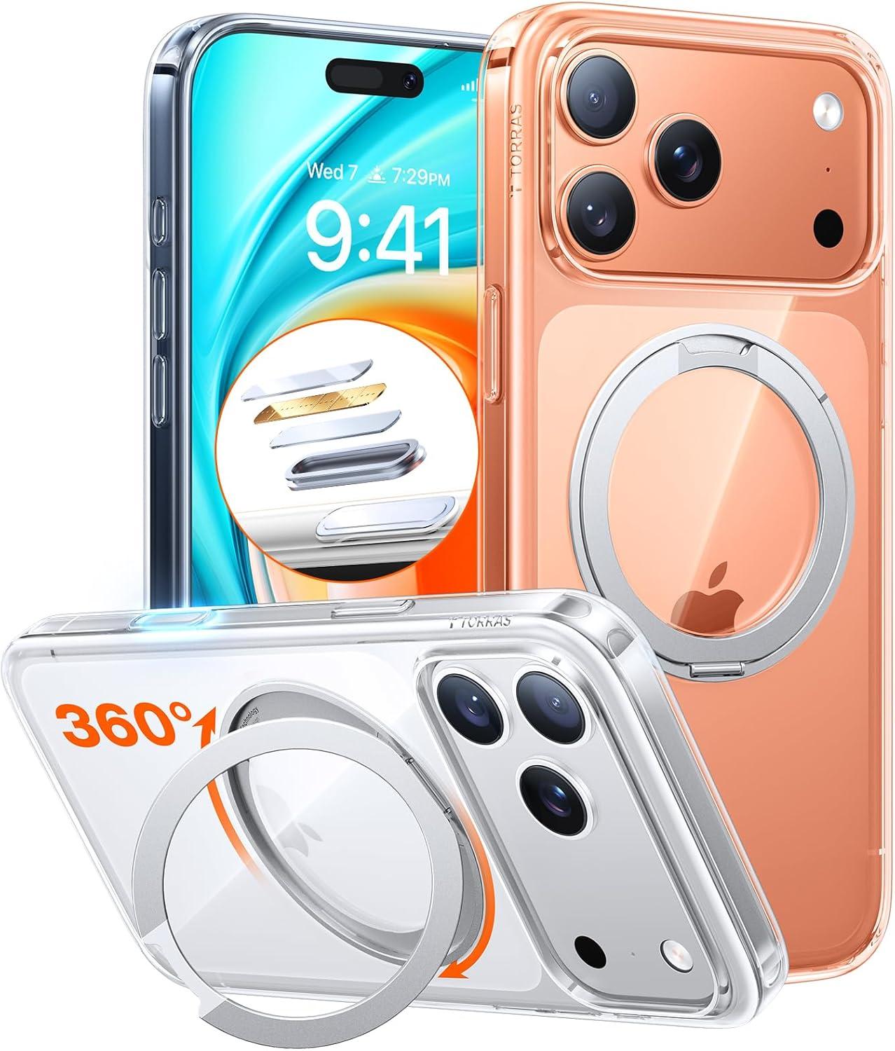 imageTORRAS Upgrade 360Rotatable Magnetic for iPhone 16 Pro Case 63 inch Fit for MagSafe 16 Pro Phone Case 16FT MilGrade Shockproof Flush Stand Ring Holder Translucent Slim Protective Ostand BlackClear