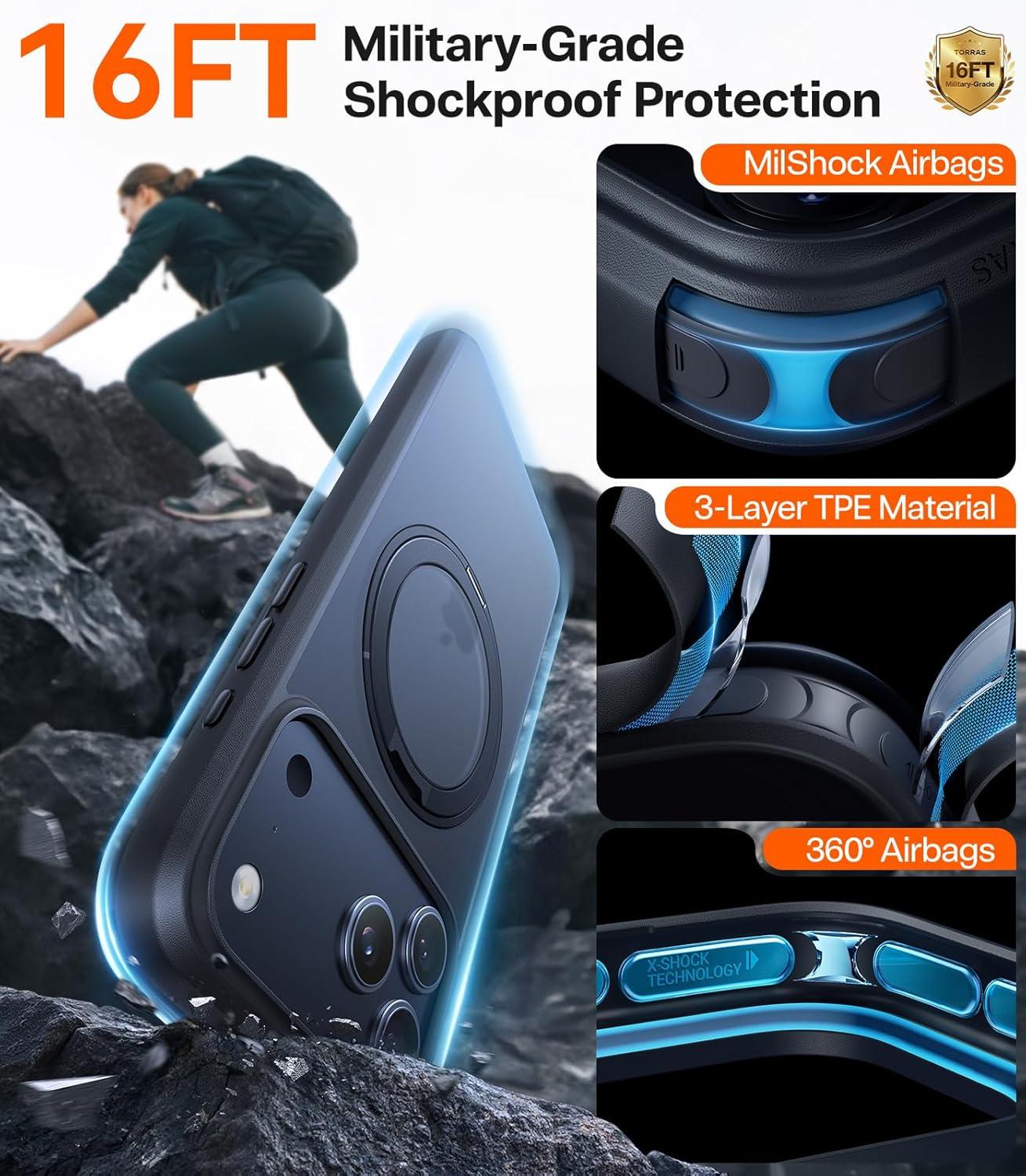 imageTORRAS Upgrade 360Rotatable Magnetic for iPhone 16 Pro Case 63 inch Fit for MagSafe 16 Pro Phone Case 16FT MilGrade Shockproof Flush Stand Ring Holder Translucent Slim Protective Ostand BlackBlack