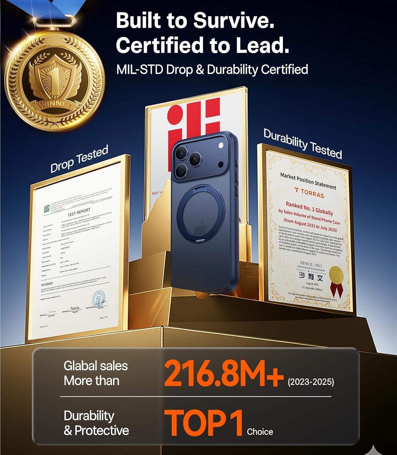 imageTORRAS Upgrade 360Rotatable Magnetic for iPhone 16 Pro Case 63 inch Fit for MagSafe 16 Pro Phone Case 16FT MilGrade Shockproof Flush Stand Ring Holder Translucent Slim Protective Ostand BlackBlue