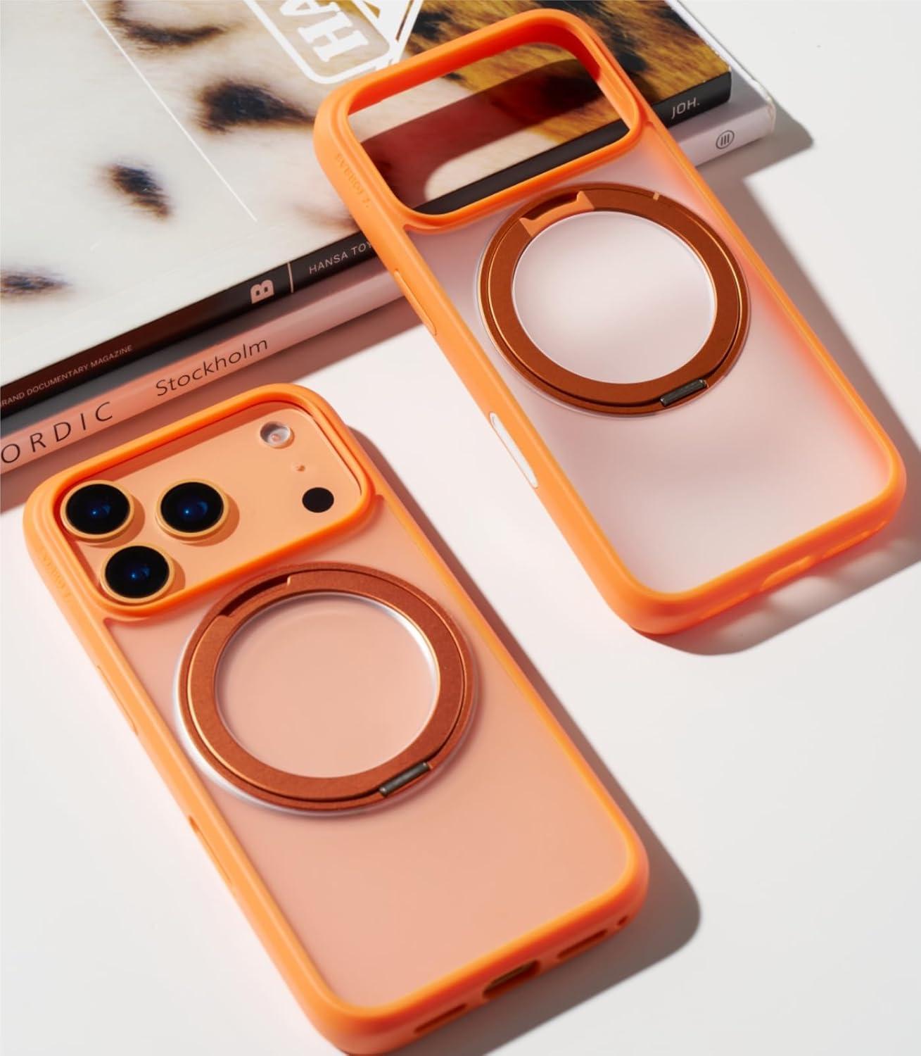 imageTORRAS Upgrade 360Rotatable Magnetic for iPhone 16 Pro Case 63 inch Fit for MagSafe 16 Pro Phone Case 16FT MilGrade Shockproof Flush Stand Ring Holder Translucent Slim Protective Ostand BlackNeon Orange