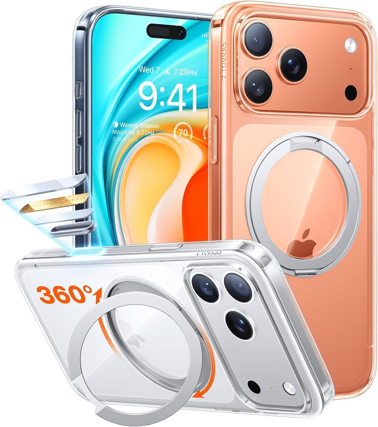 imageTORRAS Upgrade 360Rotatable Magnetic for iPhone 16 Pro Case 63 inch Fit for MagSafe 16 Pro Phone Case 16FT MilGrade Shockproof Flush Stand Ring Holder Translucent Slim Protective Ostand BlackClear