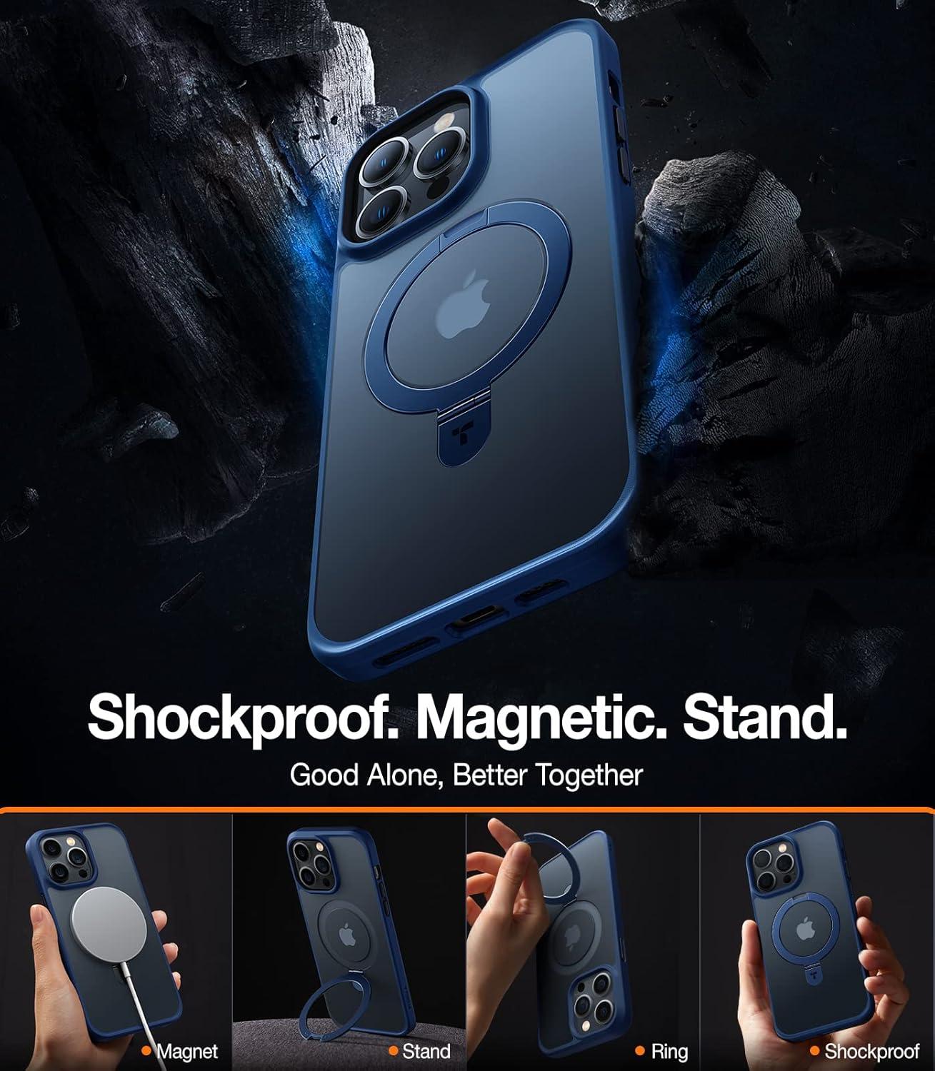 imageTORRAS Upgrade 360Rotatable Magnetic for iPhone 16 Pro Case 63 inch Fit for MagSafe 16 Pro Phone Case 16FT MilGrade Shockproof Flush Stand Ring Holder Translucent Slim Protective Ostand BlackBlue