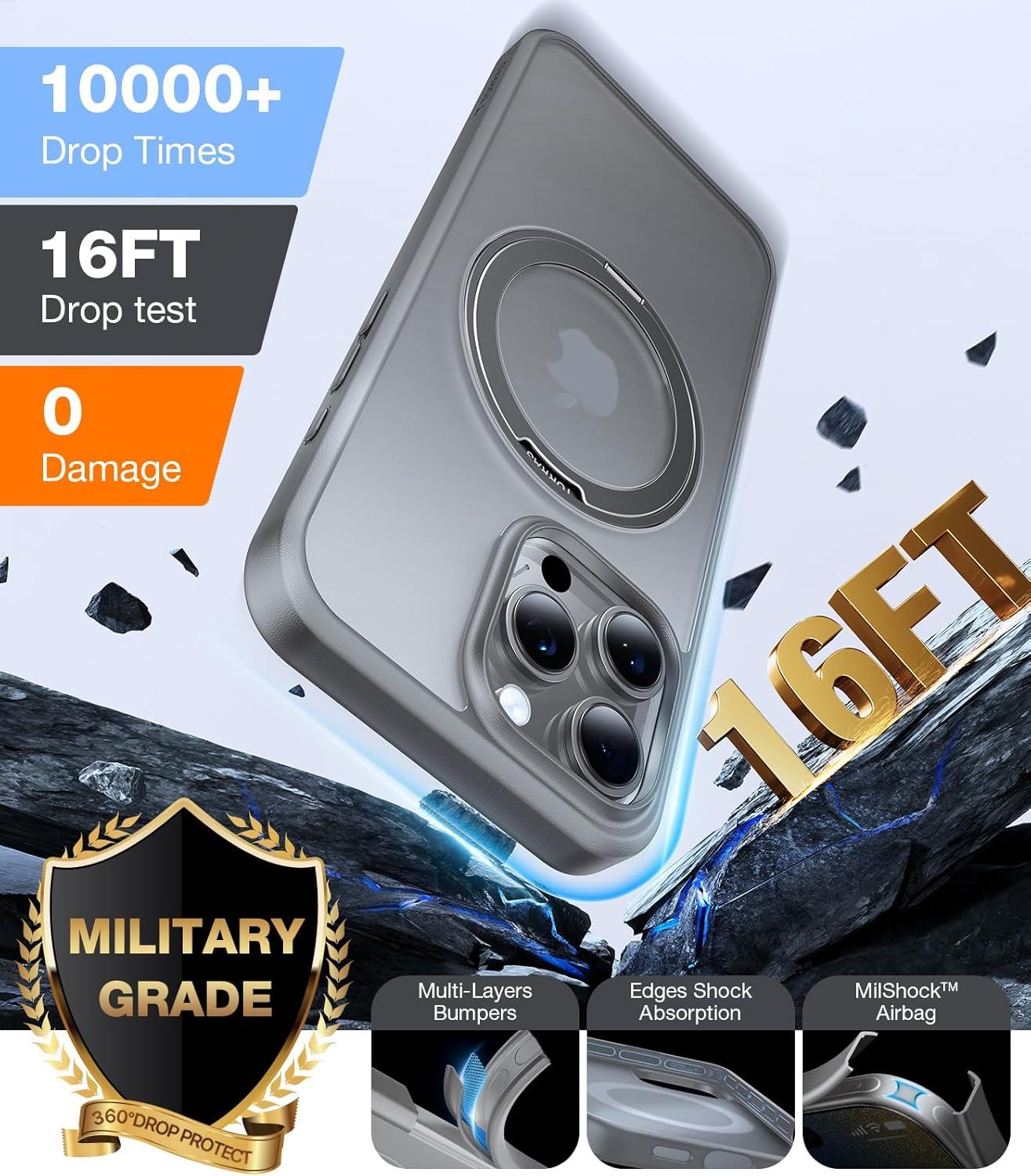 imageTORRAS Upgrade 360Rotatable Magnetic for iPhone 16 Pro Case 63 inch Fit for MagSafe 16 Pro Phone Case 16FT MilGrade Shockproof Flush Stand Ring Holder Translucent Slim Protective Ostand BlackGrey