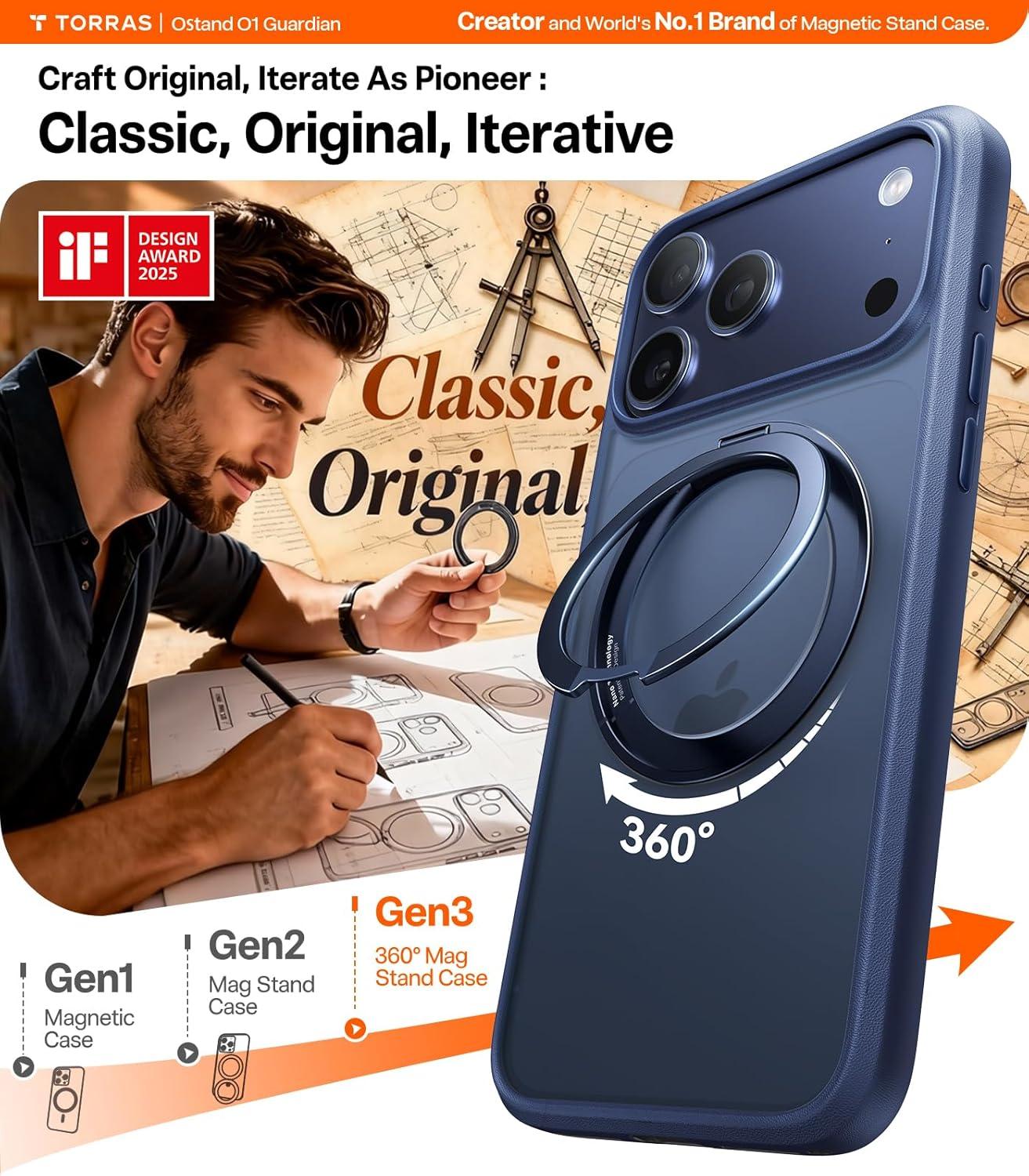 imageTORRAS Upgrade 360Rotatable Magnetic for iPhone 16 Pro Case 63 inch Fit for MagSafe 16 Pro Phone Case 16FT MilGrade Shockproof Flush Stand Ring Holder Translucent Slim Protective Ostand BlackBlue