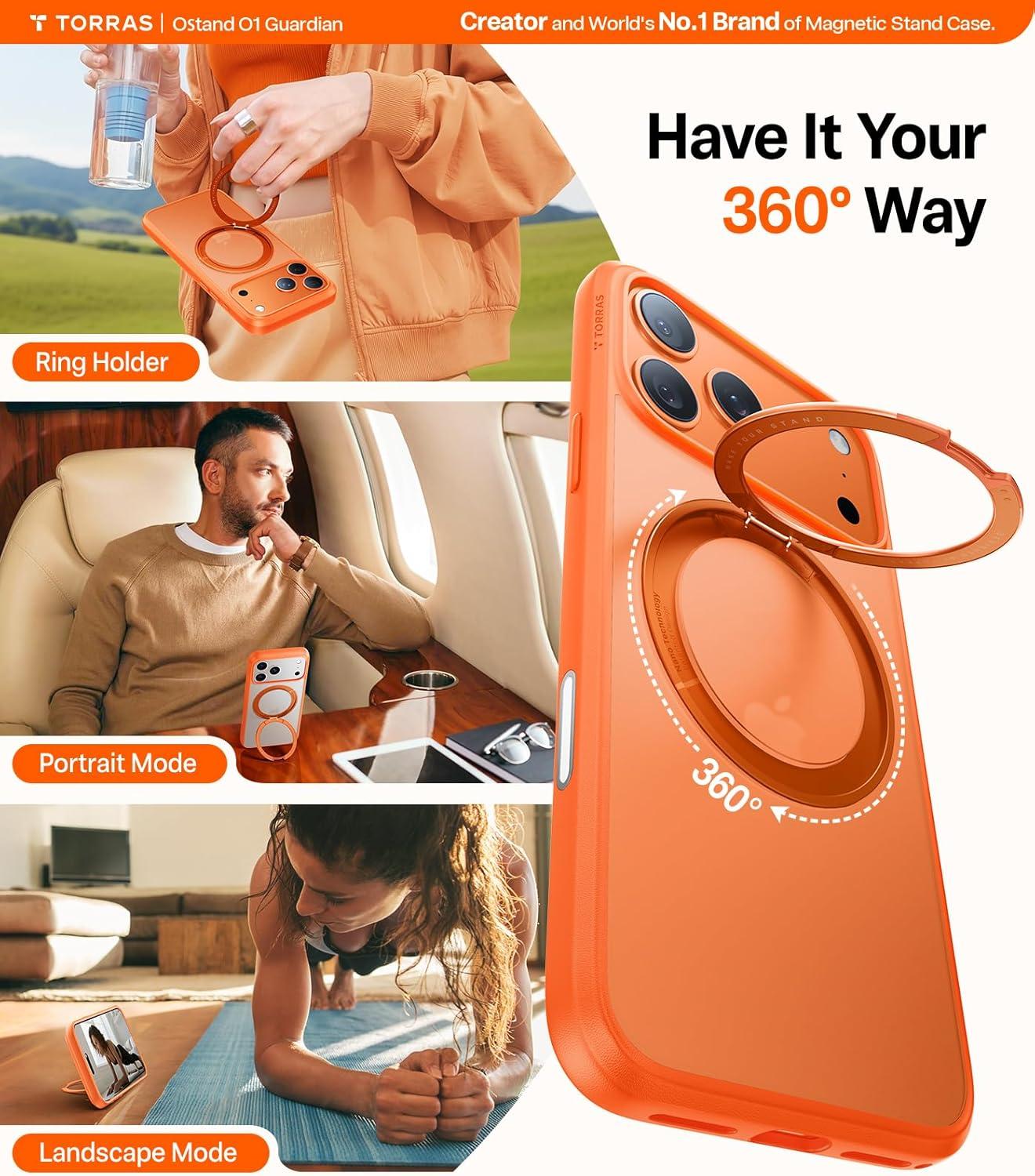 imageTORRAS Upgrade 360Rotatable Magnetic for iPhone 16 Pro Case 63 inch Fit for MagSafe 16 Pro Phone Case 16FT MilGrade Shockproof Flush Stand Ring Holder Translucent Slim Protective Ostand BlackNeon Orange