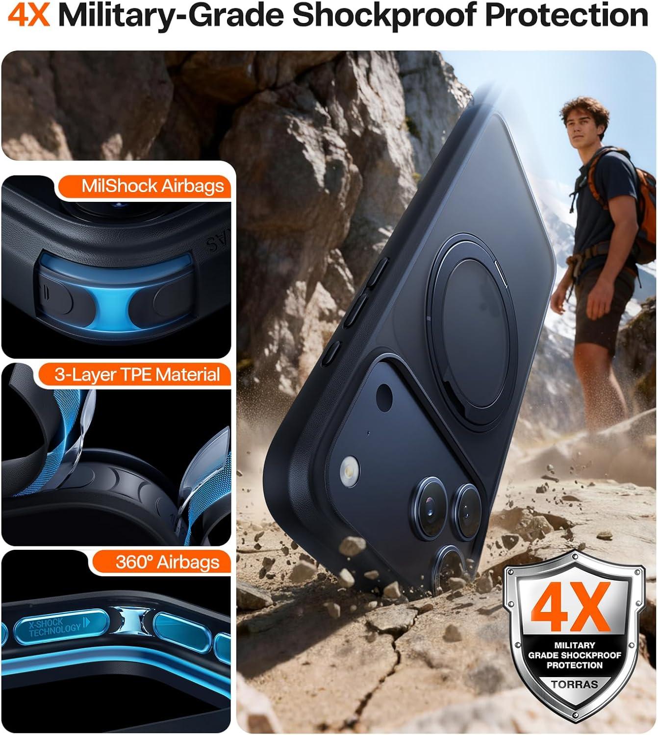 imageTORRAS Upgrade 360Rotatable Magnetic for iPhone 16 Pro Case 63 inch Fit for MagSafe 16 Pro Phone Case 16FT MilGrade Shockproof Flush Stand Ring Holder Translucent Slim Protective Ostand BlackBlack