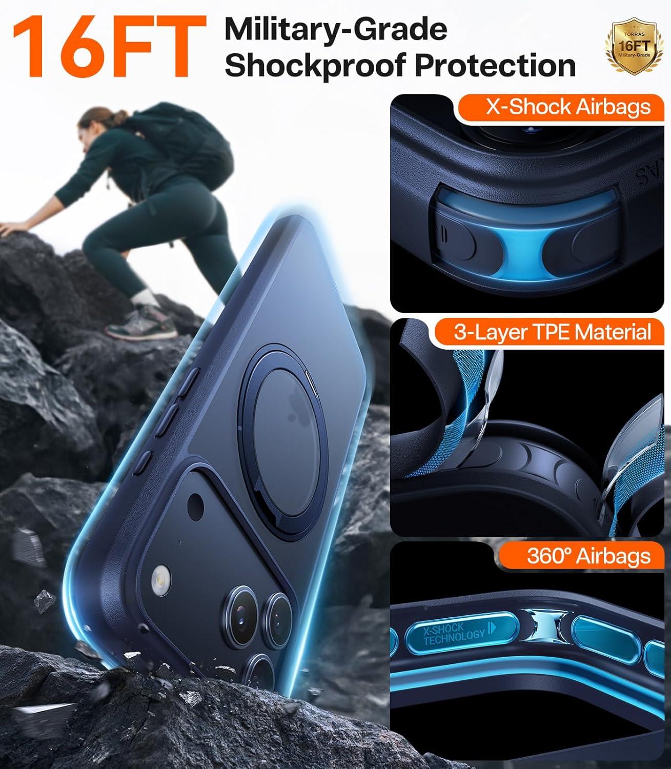 imageTORRAS Upgrade 360Rotatable Magnetic for iPhone 16 Pro Case 63 inch Fit for MagSafe 16 Pro Phone Case 16FT MilGrade Shockproof Flush Stand Ring Holder Translucent Slim Protective Ostand BlackBlue