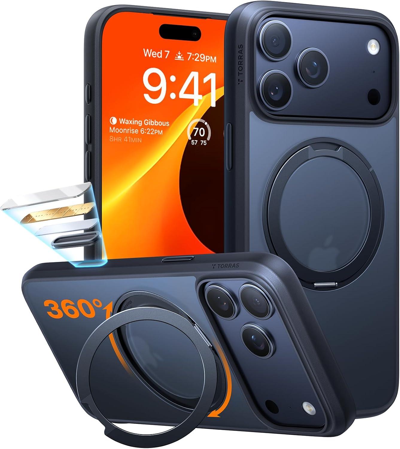 imageTORRAS Upgrade 360Rotatable Magnetic for iPhone 16 Pro Case 63 inch Fit for MagSafe 16 Pro Phone Case 16FT MilGrade Shockproof Flush Stand Ring Holder Translucent Slim Protective Ostand BlackBlack