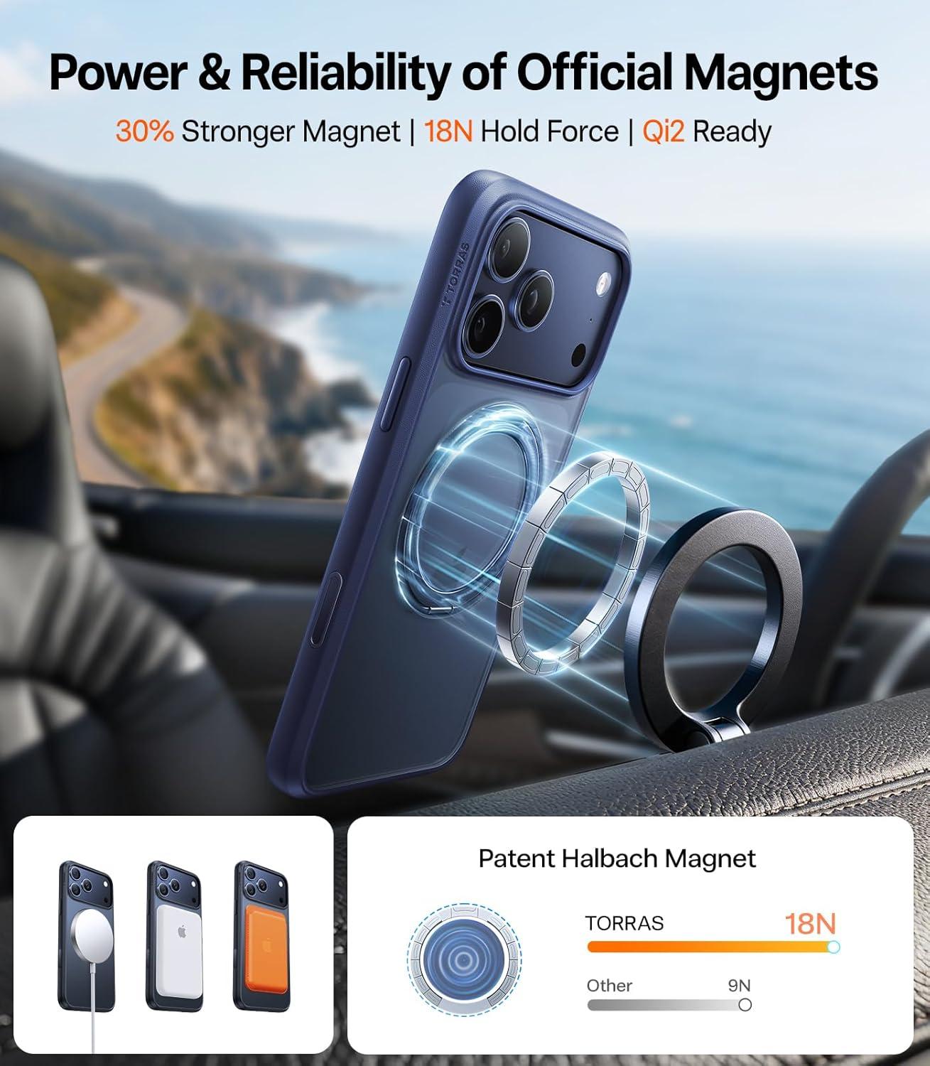 imageTORRAS Upgrade 360Rotatable Magnetic for iPhone 16 Pro Case 63 inch Fit for MagSafe 16 Pro Phone Case 16FT MilGrade Shockproof Flush Stand Ring Holder Translucent Slim Protective Ostand BlackBlue