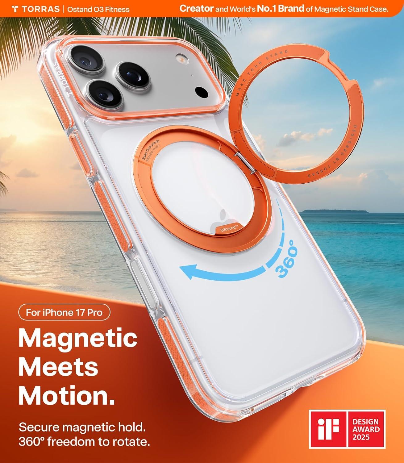 imageTORRAS for iPhone 17 Pro Max Case 360 Magnetic Stand Fit for MagSafe 4X MilitaryGrade Protection Slim Case for iPhone 17 Pro Max 69 Translucent Deep Blue Ostand O3 Fitness SeriesGClear Orange