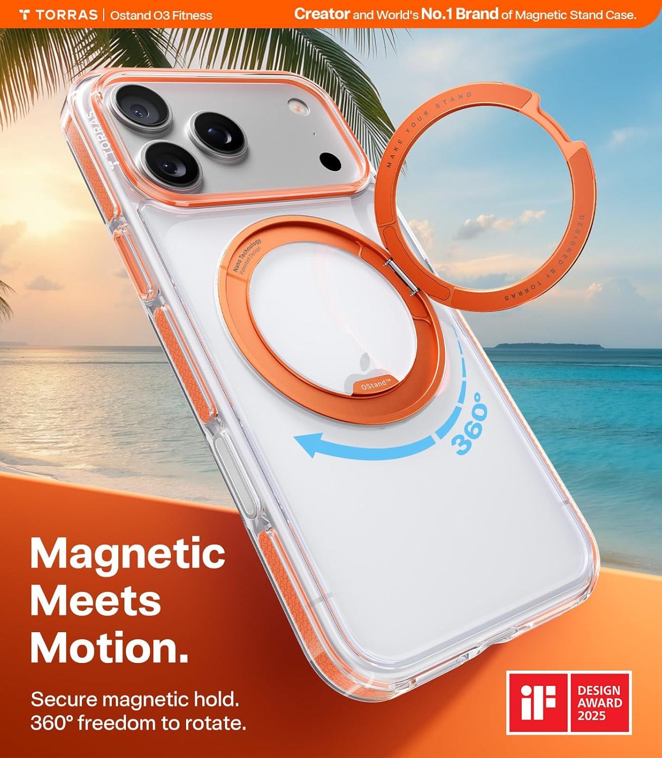 imageTORRAS for iPhone 17 Pro Max Case 360 Magnetic Stand Fit for MagSafe 4X MilitaryGrade Protection Slim Case for iPhone 17 Pro Max 69 Translucent Deep Blue Ostand O3 Fitness SeriesGClear Orange