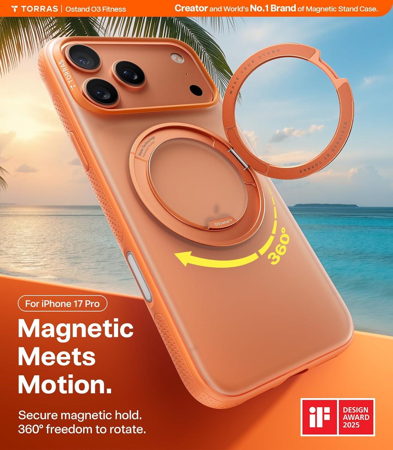 imageTORRAS for iPhone 17 Pro Max Case 360 Magnetic Stand Fit for MagSafe 4X MilitaryGrade Protection Slim Case for iPhone 17 Pro Max 69 Translucent Deep Blue Ostand O3 Fitness SeriesFCosmic Orange