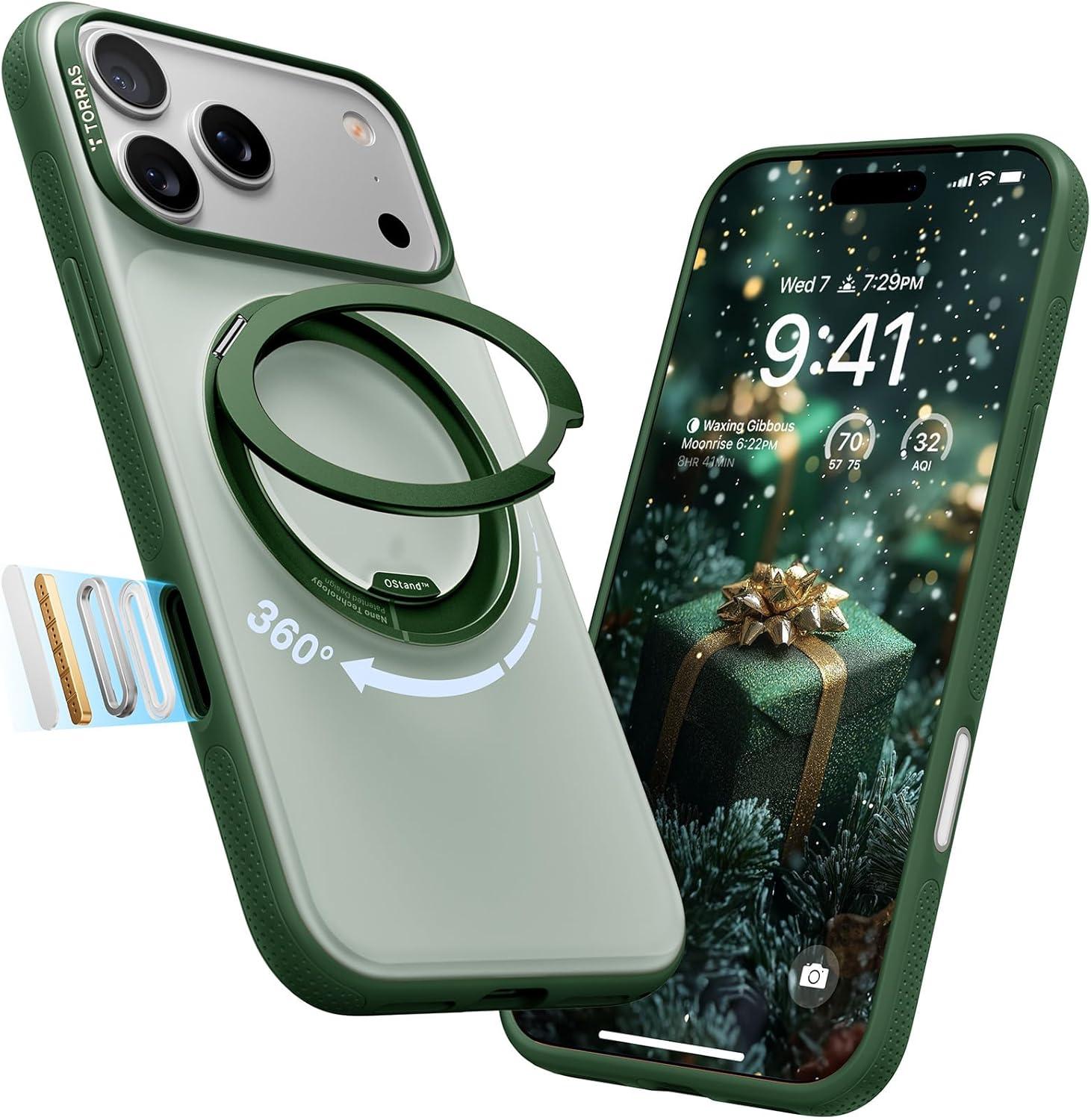 imageTORRAS for iPhone 17 Pro Max Case 360 Magnetic Stand Fit for MagSafe 4X MilitaryGrade Protection Slim Case for iPhone 17 Pro Max 69 Translucent Deep Blue Ostand O3 Fitness SeriesEPine Green