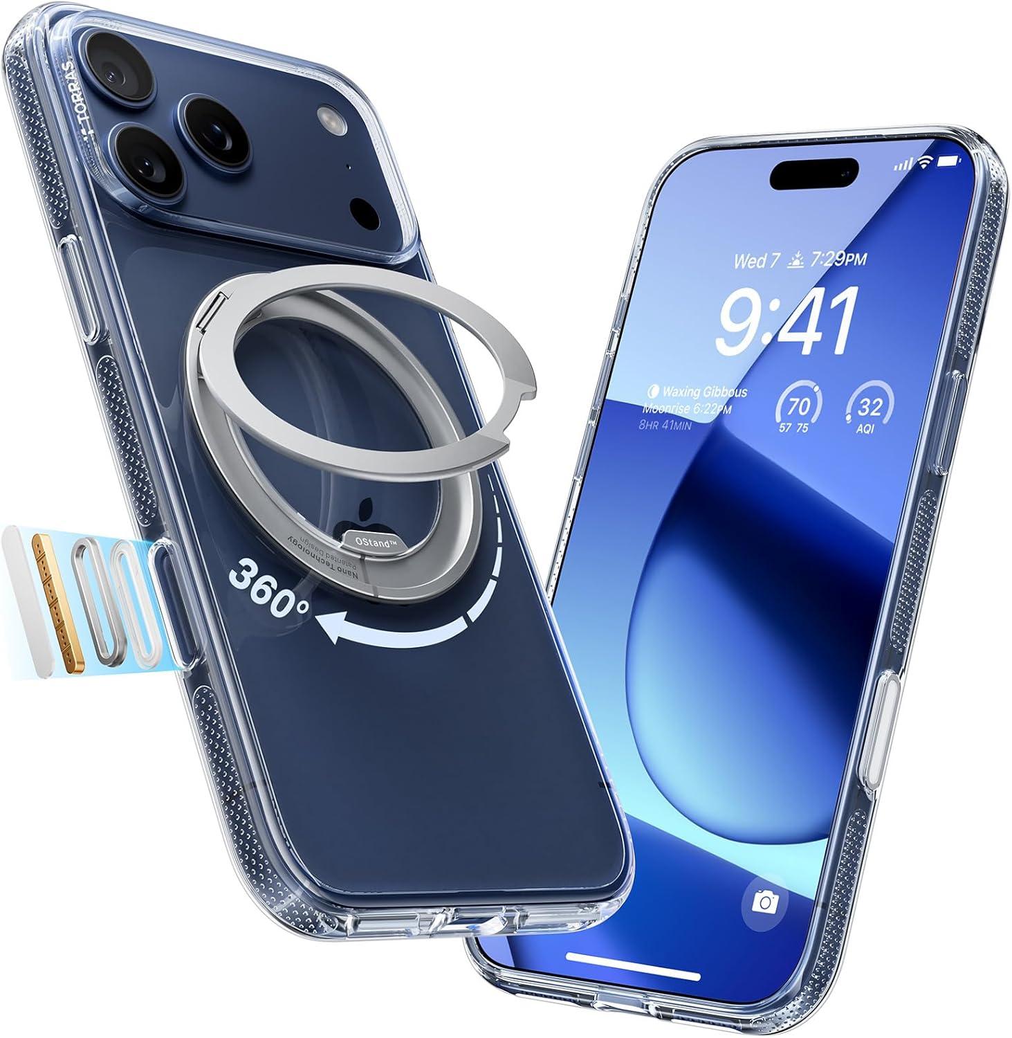 imageTORRAS for iPhone 17 Pro Max Case 360 Magnetic Stand Fit for MagSafe 4X MilitaryGrade Protection Slim Case for iPhone 17 Pro Max 69 Translucent Deep Blue Ostand O3 Fitness SeriesBCrystal Clear
