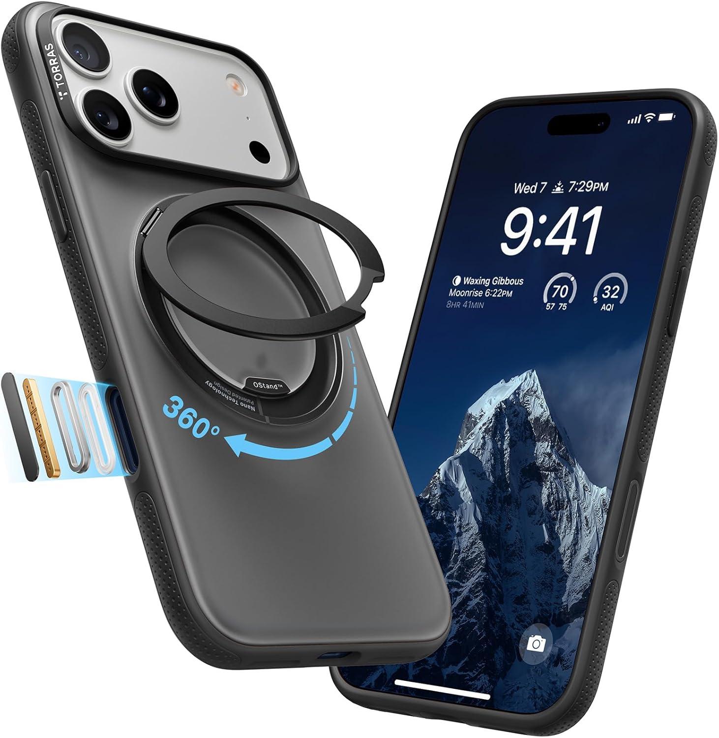 imageTORRAS for iPhone 17 Pro Max Case 360 Magnetic Stand Fit for MagSafe 4X MilitaryGrade Protection Slim Case for iPhone 17 Pro Max 69 Translucent Deep Blue Ostand O3 Fitness SeriesCObsidian Black