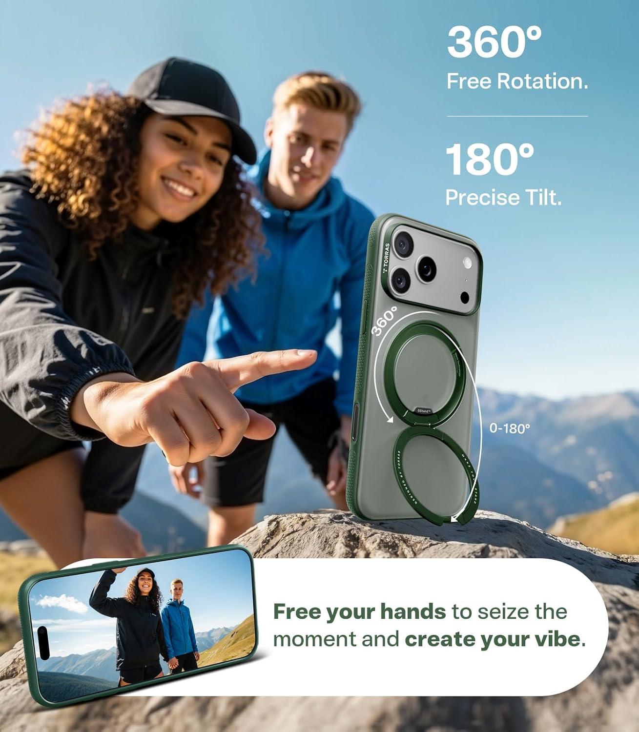 imageTORRAS for iPhone 17 Pro Max Case 360 Magnetic Stand Fit for MagSafe 4X MilitaryGrade Protection Slim Case for iPhone 17 Pro Max 69 Translucent Deep Blue Ostand O3 Fitness SeriesEPine Green