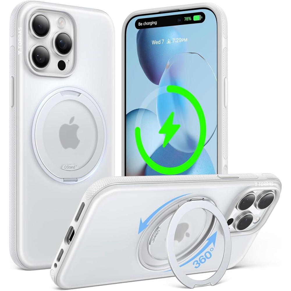 imageTORRAS 360 Magnetic Stand for iPhone 16 Pro Max Case Fit for MagSafe MilitaryGrade Protection Translucent Slim Case for iPhone 16 Pro Max Obsidian Black Ostand O3 Fitness SeriesGlacier White