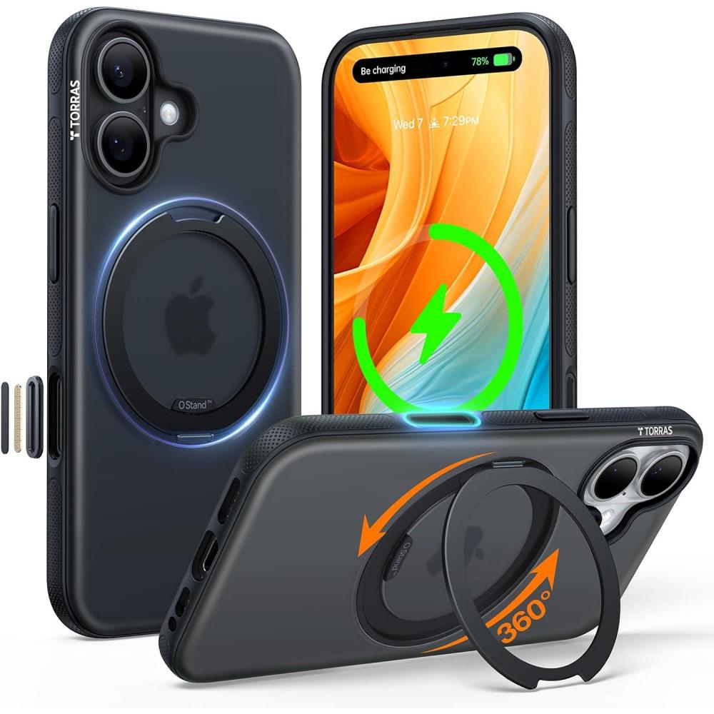 imageTORRAS 360 Magnetic Stand for iPhone 16 Pro Max Case Fit for MagSafe MilitaryGrade Protection Translucent Slim Case for iPhone 16 Pro Max Obsidian Black Ostand O3 Fitness SeriesObsidian Black