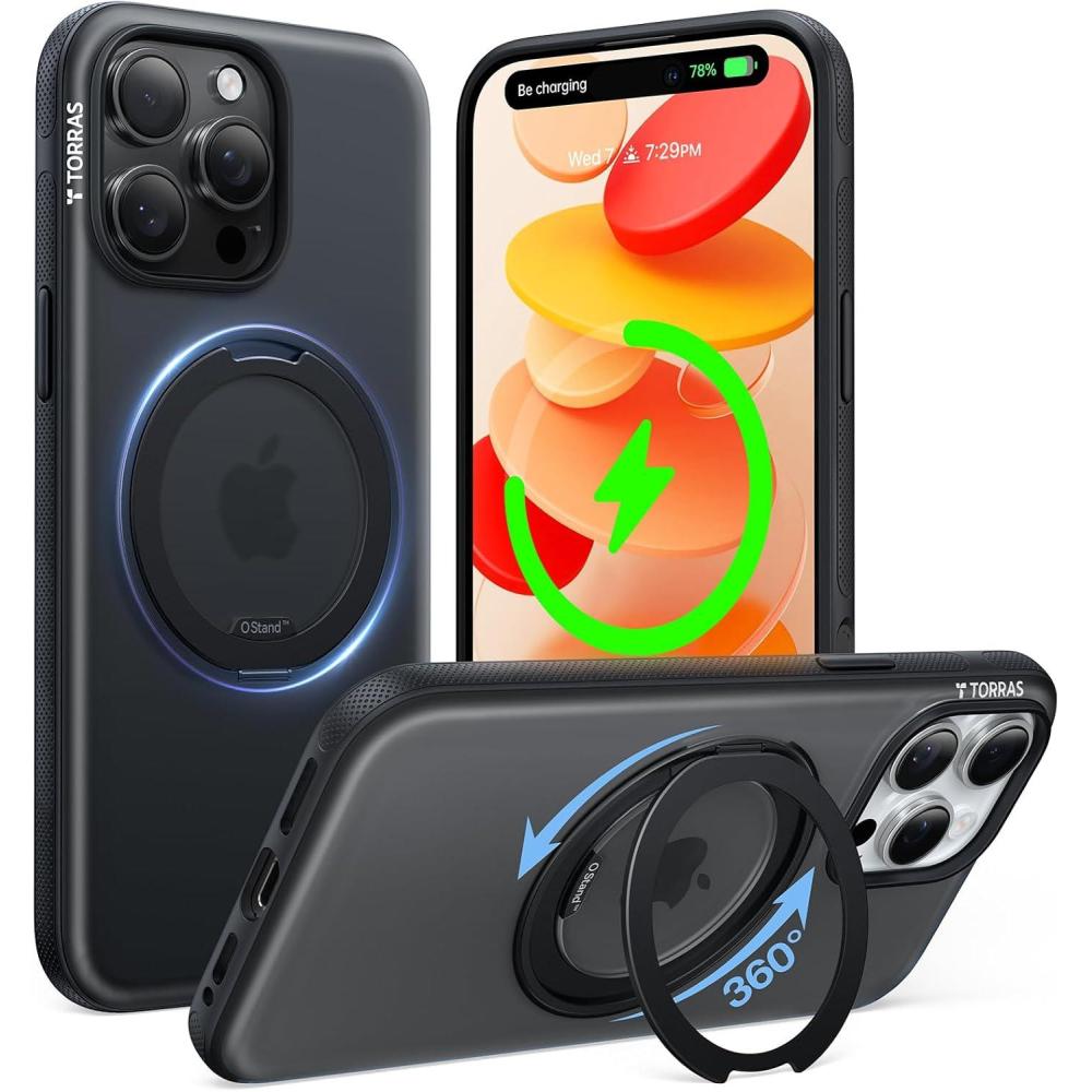 imageTORRAS 360 Magnetic Stand for iPhone 16 Pro Max Case Fit for MagSafe MilitaryGrade Protection Translucent Slim Case for iPhone 16 Pro Max Obsidian Black Ostand O3 Fitness SeriesCObsidian Black