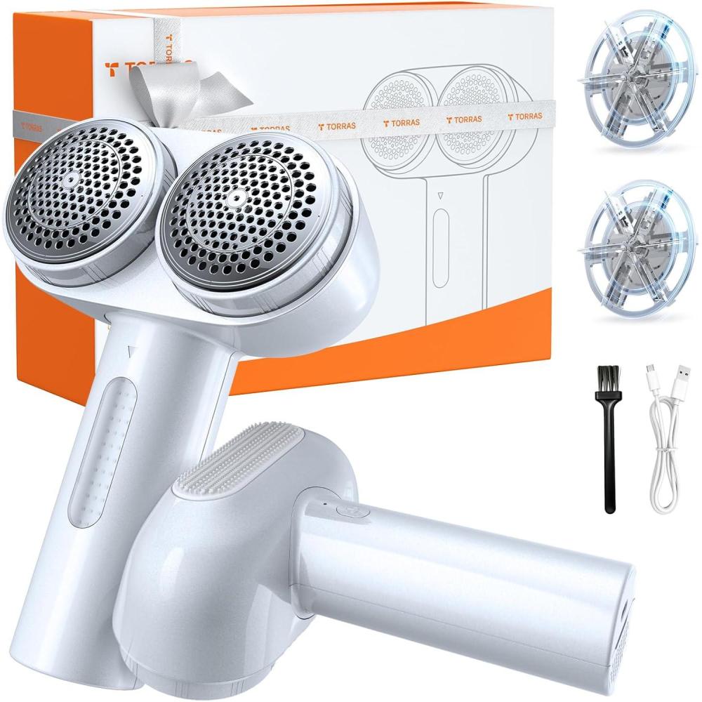 imageTORRAS DualHead Fabric Shaver Longest Durability amp 50ml Large Capacity Rechargeable Lint Removers to Remove Pills 6Leaf Blades Defuzzer Electric Shaver for Clothes Couch Furniture Pearl WhiteWhite