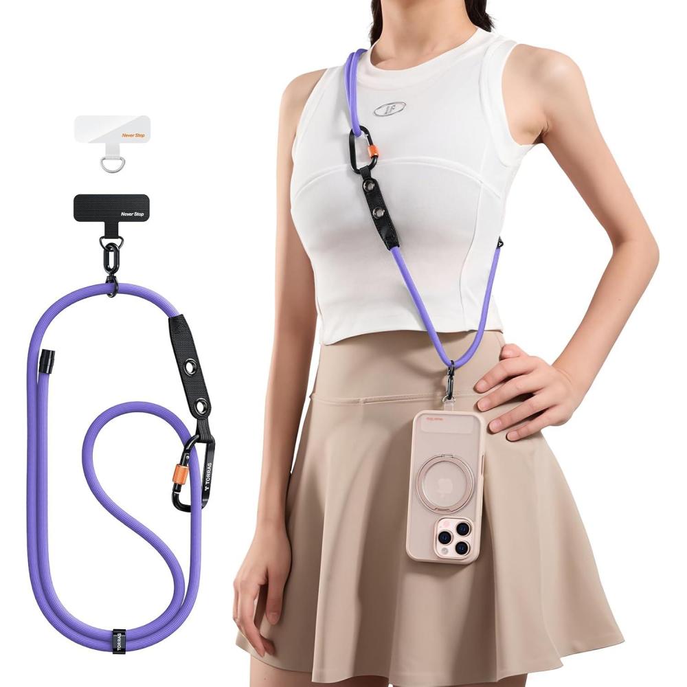imageTORRAS Phone Lanyard with Hanging Loops Adjustable Anti Theft Phone Strap Crossbody for iPhone 17 Pro MaxSkinFriendly2 Tabs Universal Cell Phone Neck Lanyard for Daily amp Outdoor Activities Black4purple