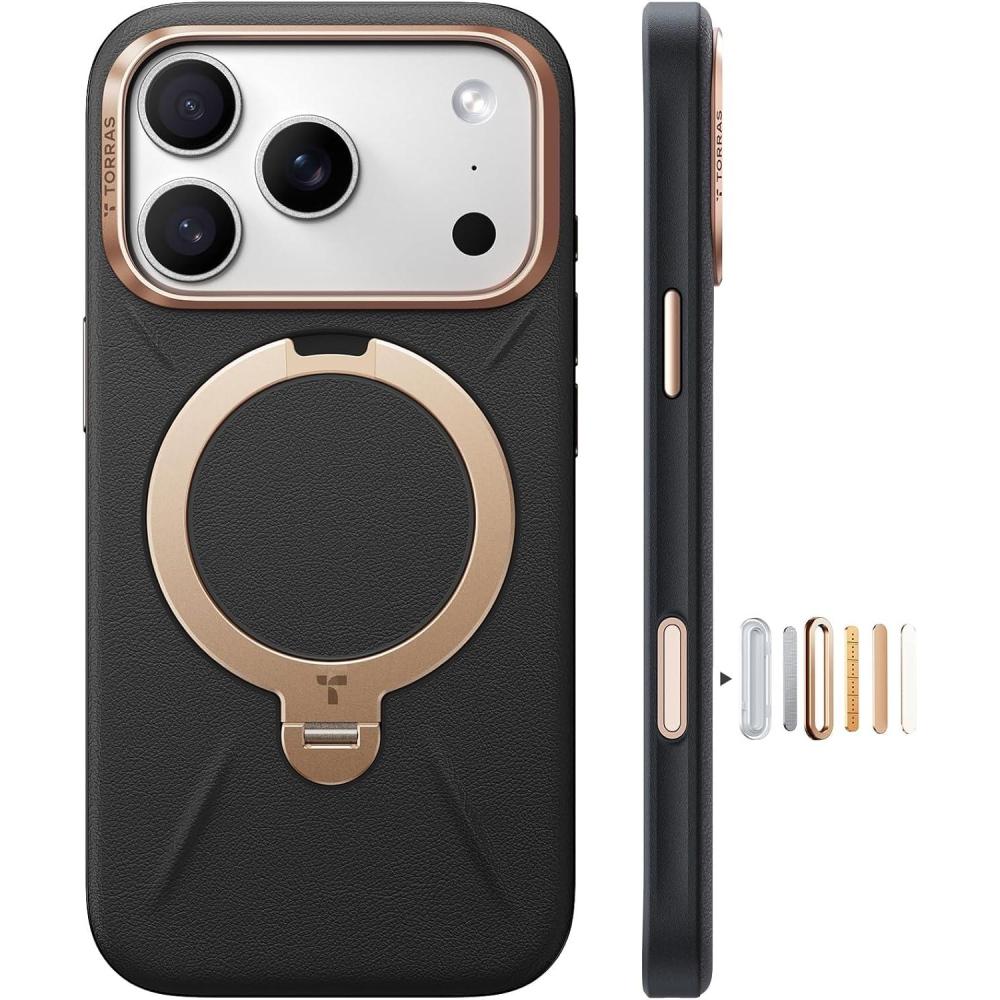 imageTORRAS Q3 VegSkin for iPhone 17 Pro Max Case Leather 360 Spin Magnetic Stand Fit for MagSafe Camera Control Shockproof Premium Organic Silicone Leather Case for iPhone 17 Pro Max Saddle BrownMidnight Black