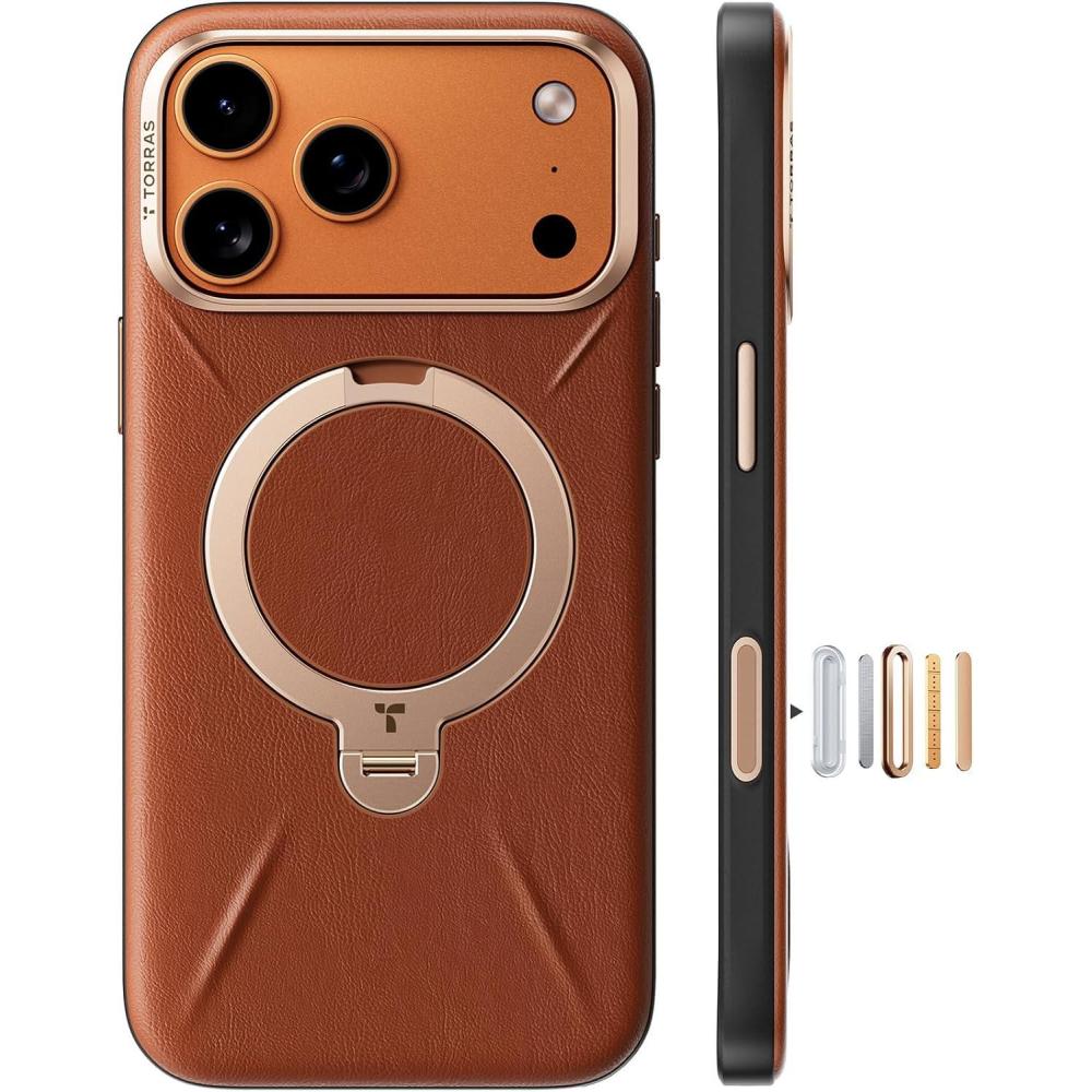 imageTORRAS Q3 VegSkin for iPhone 17 Pro Max Case Leather 360 Spin Magnetic Stand Fit for MagSafe Camera Control Shockproof Premium Organic Silicone Leather Case for iPhone 17 Pro Max Saddle BrownSaddle Brown