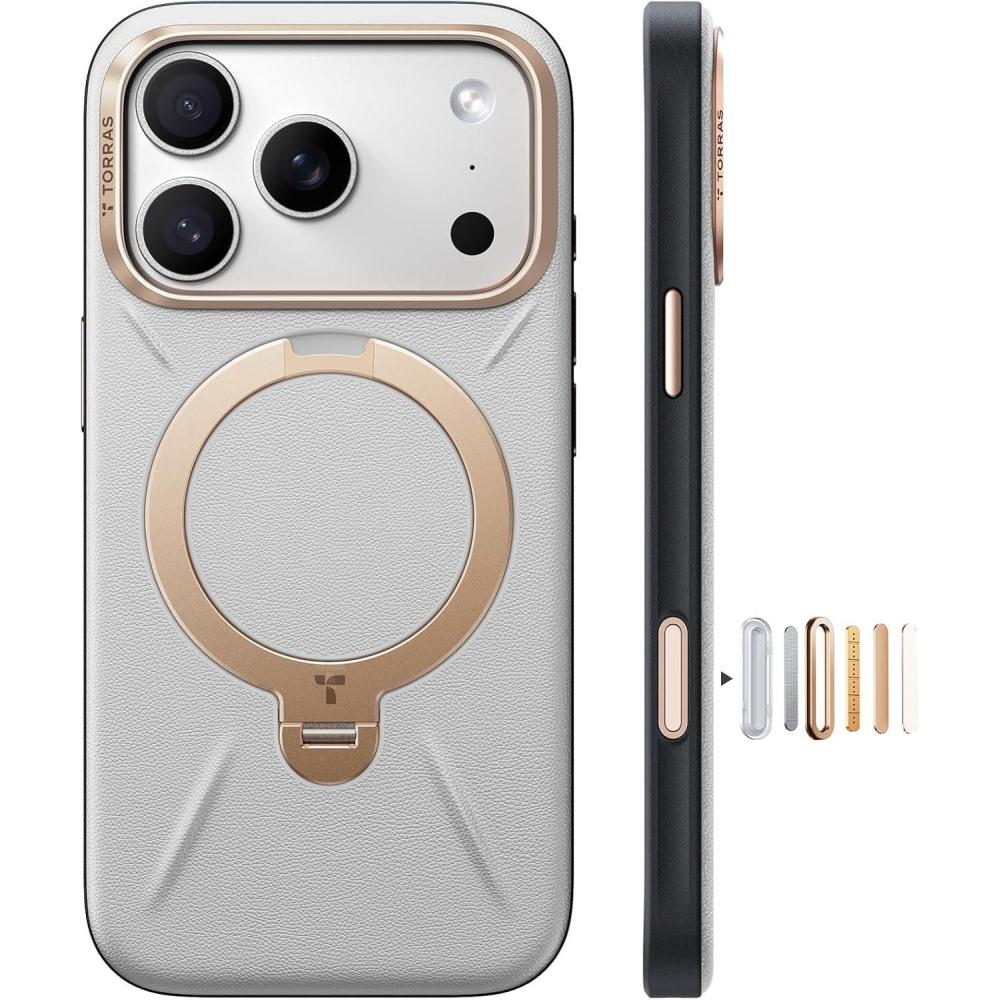 imageTORRAS Q3 VegSkin for iPhone 17 Pro Max Case Leather 360 Spin Magnetic Stand Fit for MagSafe Camera Control Shockproof Premium Organic Silicone Leather Case for iPhone 17 Pro Max Saddle BrownCloud White