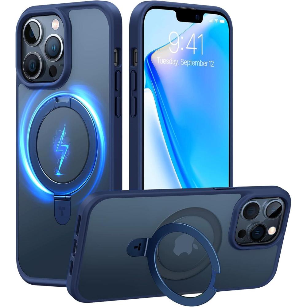 imageTORRAS Upgrade 360Rotatable Magnetic for iPhone 16 Pro Case 63 inch Fit for MagSafe 16 Pro Phone Case 16FT MilGrade Shockproof Flush Stand Ring Holder Translucent Slim Protective Ostand BlackBlue