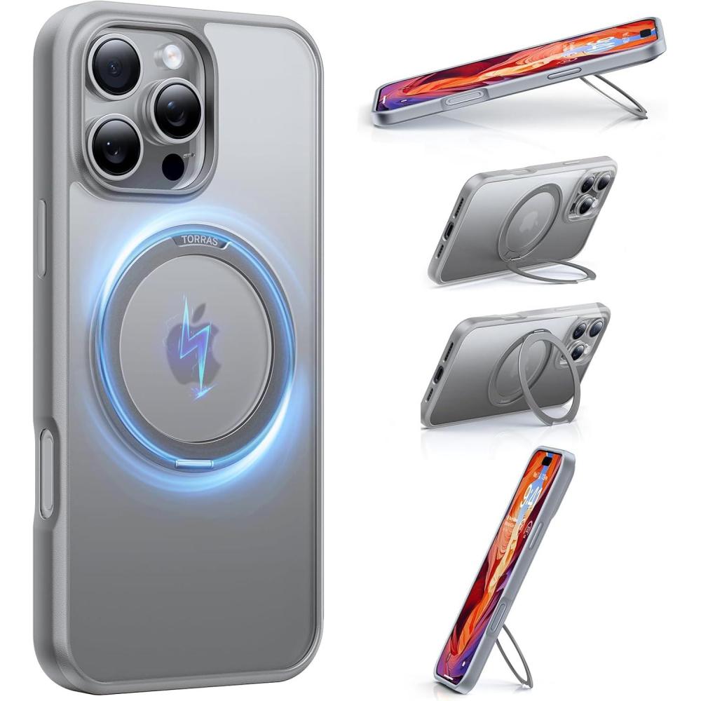imageTORRAS Upgrade 360Rotatable Magnetic for iPhone 16 Pro Case 63 inch Fit for MagSafe 16 Pro Phone Case 16FT MilGrade Shockproof Flush Stand Ring Holder Translucent Slim Protective Ostand BlackGrey
