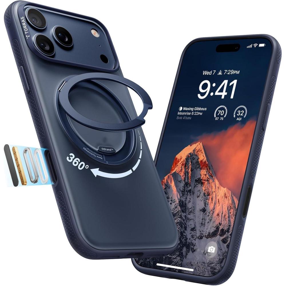 imageTORRAS for iPhone 17 Pro Max Case 360 Magnetic Stand Fit for MagSafe 4X MilitaryGrade Protection Slim Case for iPhone 17 Pro Max 69 Translucent Deep Blue Ostand O3 Fitness SeriesADeep Blue