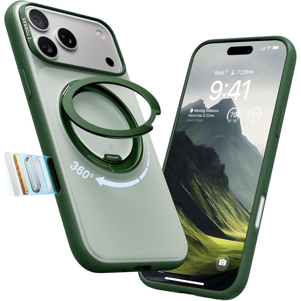 imageTORRAS for iPhone 17 Pro Max Case 360 Magnetic Stand Fit for MagSafe 4X MilitaryGrade Protection Slim Case for iPhone 17 Pro Max 69 Translucent Deep Blue Ostand O3 Fitness SeriesEPine Green