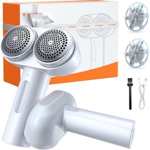 TORRAS Dual-Head Fabric Shaver, Longest Durability & 50ml Large Capacity Rechargeable Lint Removers to Remove Pills, 6-Leaf Blades Defuzzer, Electric Shaver for Clothes Couch Furniture, Pearl White(White)
