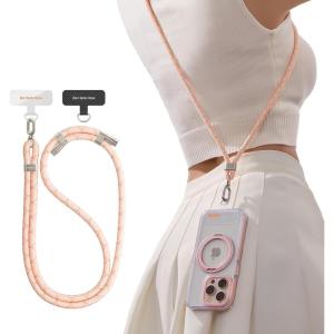 TORRAS Phone Lanyard Crossbody with 2 Phone Tabs, Adjustable Anti Theft Phone Strap for All Phones, Premium Metal Buckles, Skin-Friendly, Universal Cell Phone Neck lanyard for Travel Essentials, Black(7-pink)