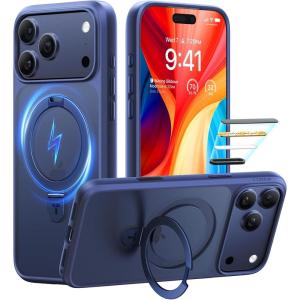 TORRAS Ultra-Magnetic Ostand for iPhone 16 Pro Case, [Compatible with MagSafe] [Flexible Stable Stand] Military-Grade Protection Translucent Slim Anti-Scratch Ring Kickstand, Frosted Black 6.3″(Deep Blue)