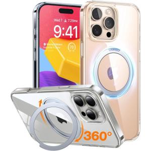 TORRAS Upgrade 360Rotatable Magnetic for iPhone 16 Pro Case 6.3 inch, Fit for MagSafe 16 Pro Phone Case, 16FT Mil-Grade Shockproof, Flush Stand Ring Holder, Translucent Slim Protective Ostand, Black(Clear)