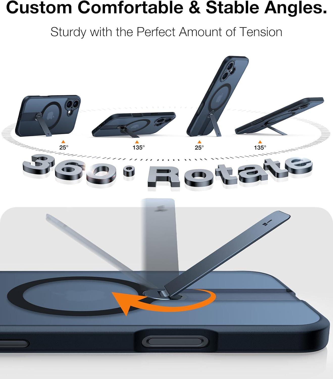 imageTORRAS 360 Stand Magnetic Case for iPhone 16 Case Full Camera ProtectionFit for MagSafe16FT MilGrade Drop Protection Slim Case for 16 iPhone Phone Case with Kickstand 61 Diamond ClearBlack Titanium