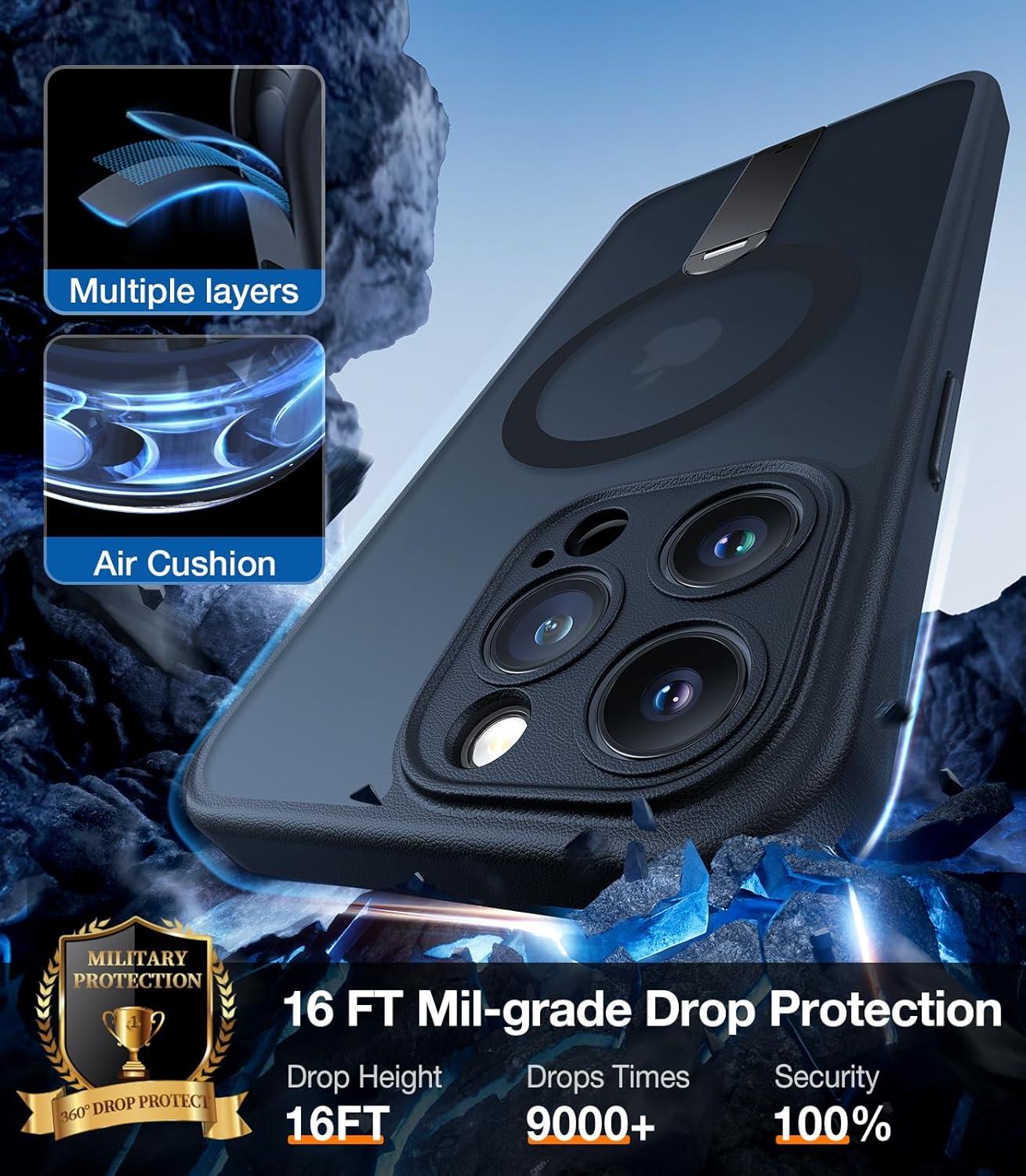 imageTORRAS 360 Stand Magnetic Case for iPhone 16 Case Full Camera ProtectionFit for MagSafe16FT MilGrade Drop Protection Slim Case for 16 iPhone Phone Case with Kickstand 61 Diamond ClearBlack Titanium