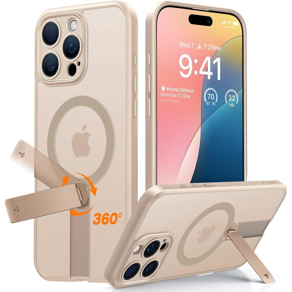 imageTORRAS 360 Stand Magnetic Case for iPhone 16 Case Full Camera ProtectionFit for MagSafe16FT MilGrade Drop Protection Slim Case for 16 iPhone Phone Case with Kickstand 61 Diamond ClearRose Gold Pink