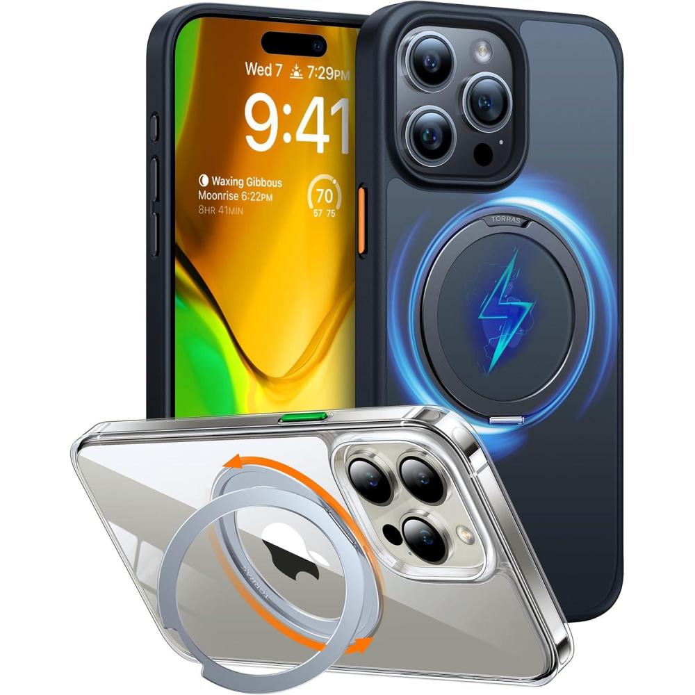 imageTORRAS 360Rotatable Magnetic Ring for iPhone 15 Pro Max Case Fit for MagSafe with Stand amp Ring Holder Military Grade Shockproof Translucent Back for iPhone 15 Pro Max Phone Case Ostand R Black