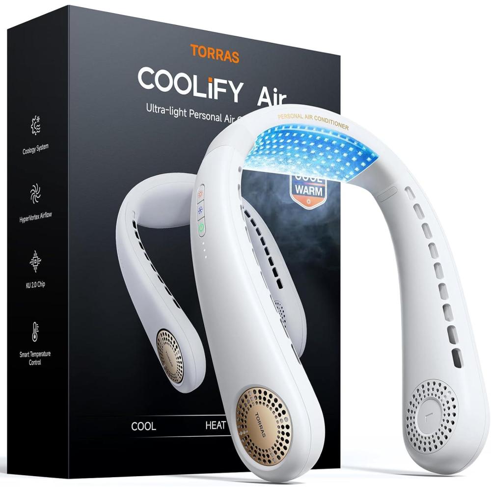 imageTORRAS COOLiFY Air 2025 Upgraded Neck Fan Air Conditioner DualAirflow Pro Cooling Ultra Light Portable Fan Rechargeable Personal Cooling Fan Travel Essentials Gifts for Dad Husband Father BlackWhite