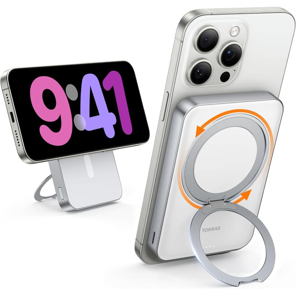 imageTORRAS 10000mAh Qi2 Certified15W Fast Wireless Portable Charger with USB C Cable 20W inOut Wired Charging Power Bank with Stand Magnetic Battery Pack for iPhone 17 Pro Max1615141312Whiten Aluminum