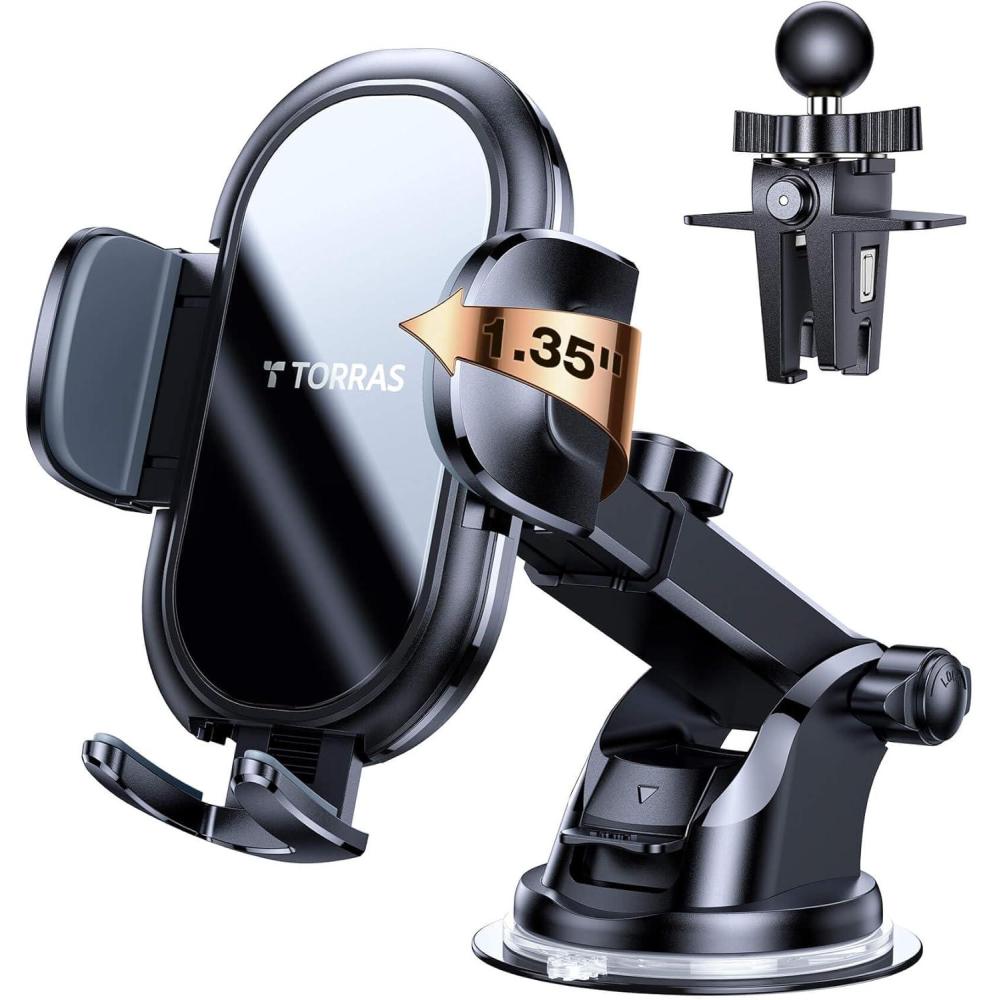 imageTORRAS Cell Phone Holder for Car MilitaryGrade Durable 3 in 1 Car Phone Holder Mount Dashboard Air Vent Windshield Fit for iPhone 16 15 14 13 Pro Max Samsung 23 Galaxy Note Ultra